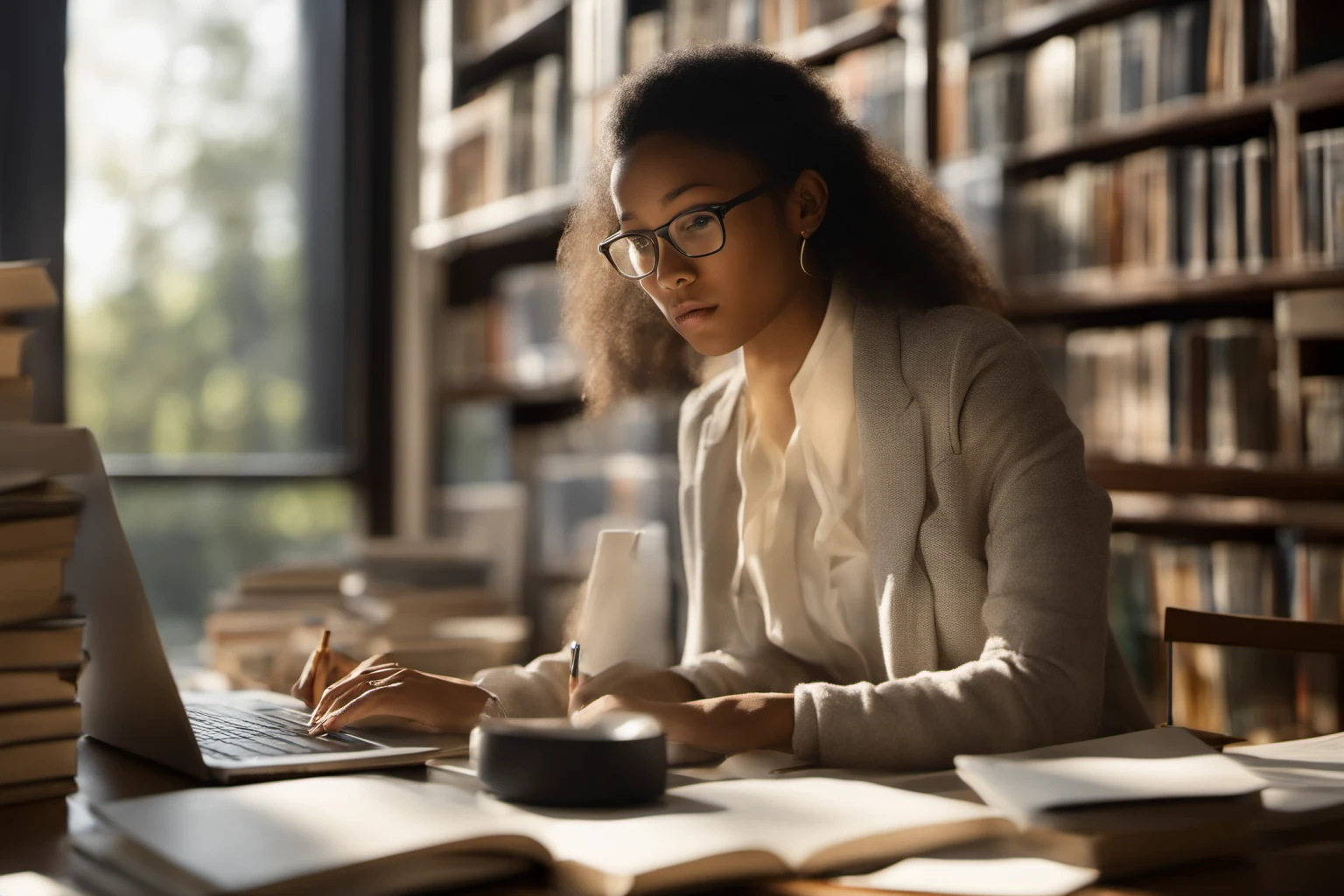 Young Professional Working on Laptop in Library – Desk Setup