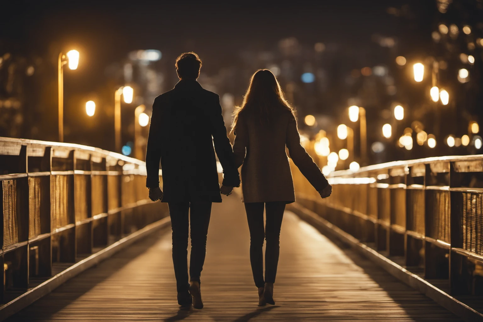 Couple Walking Hand in Hand on Bridge – Romantic Landscape Photography