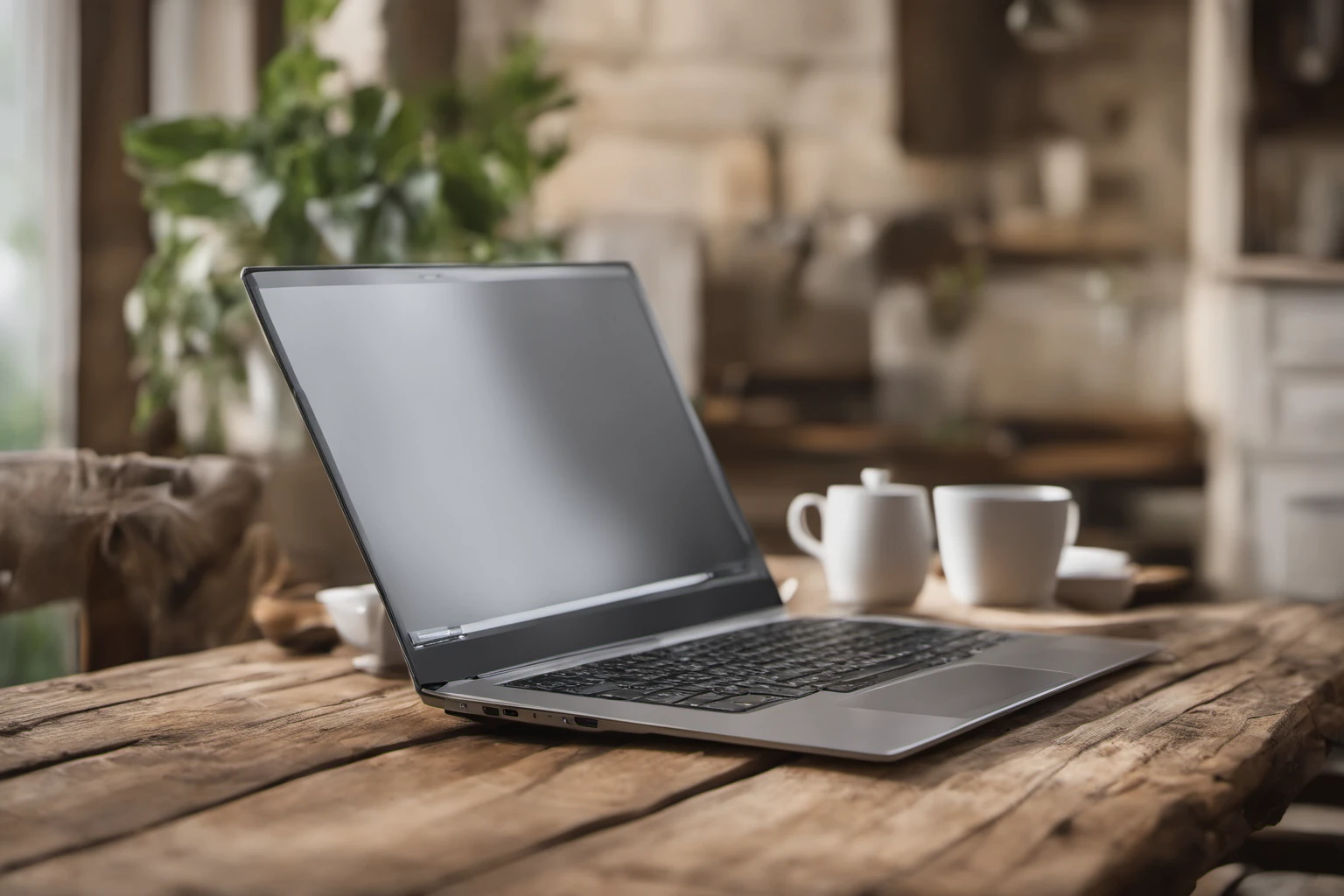 Laptop and Coffee on Rustic Table – Workspace Aesthetics