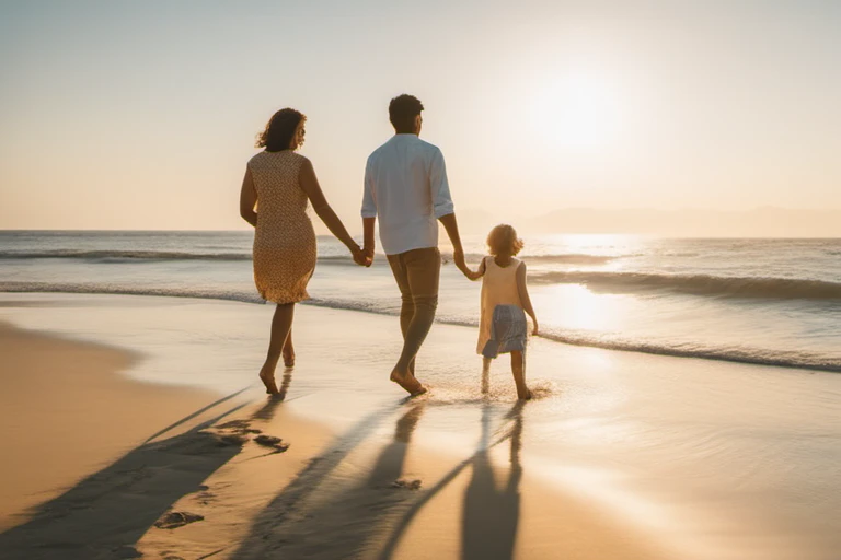 Happy Family Walking on Beach – Lifestyle Imagery
