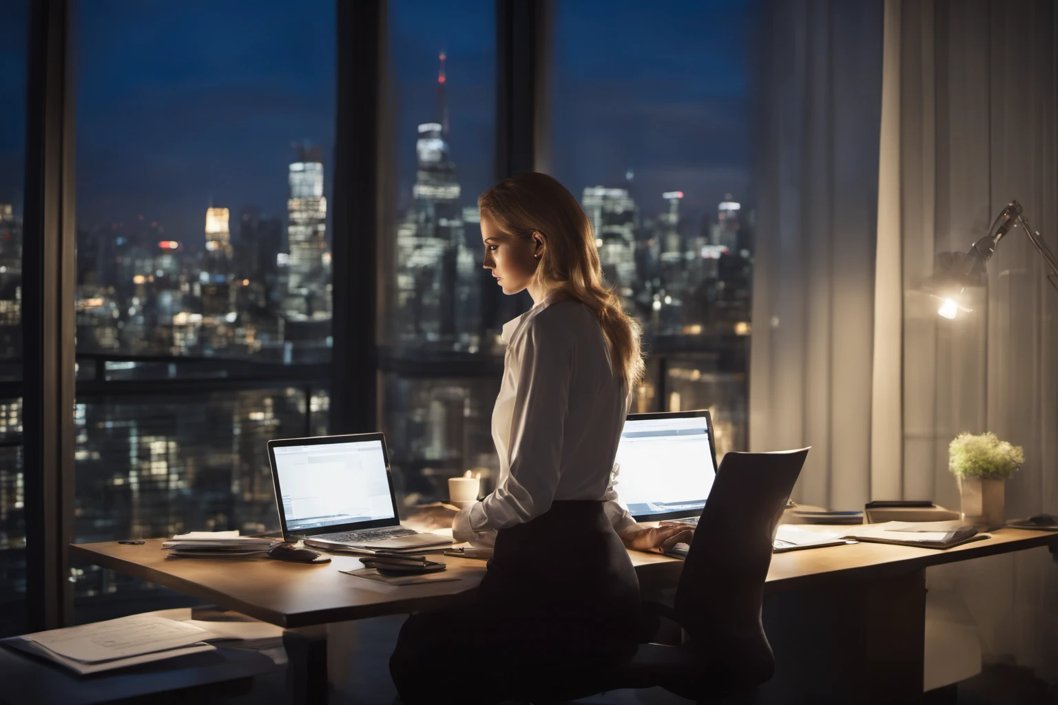 Successful Businesswoman Working Late – Professional Desk Setup