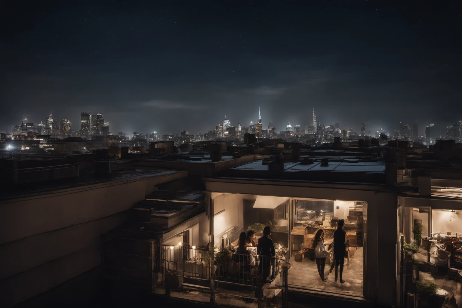 Urban Rooftop Evening – Skyline Silhouettes