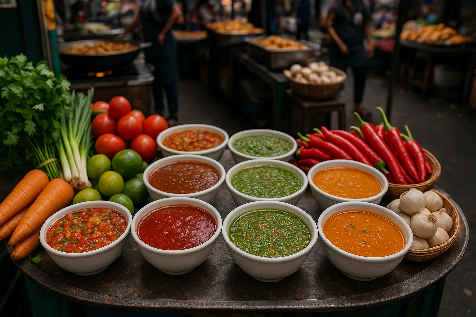 Colorful Sauces at a Street Food Market
