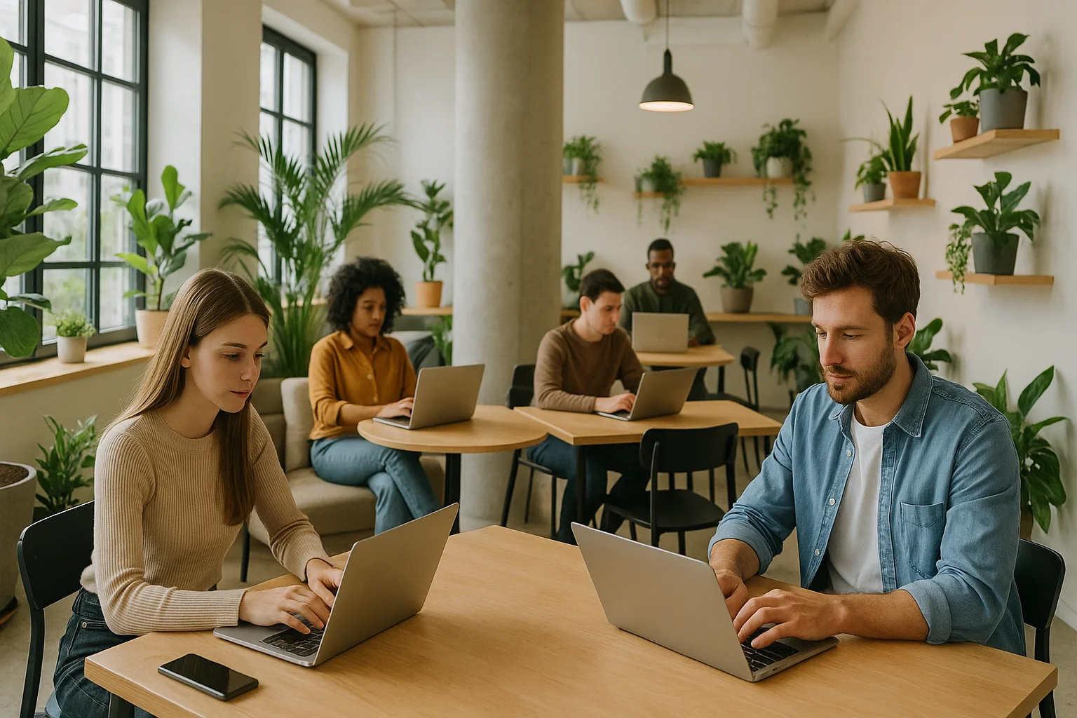 Modern coworking space with people working on laptops.