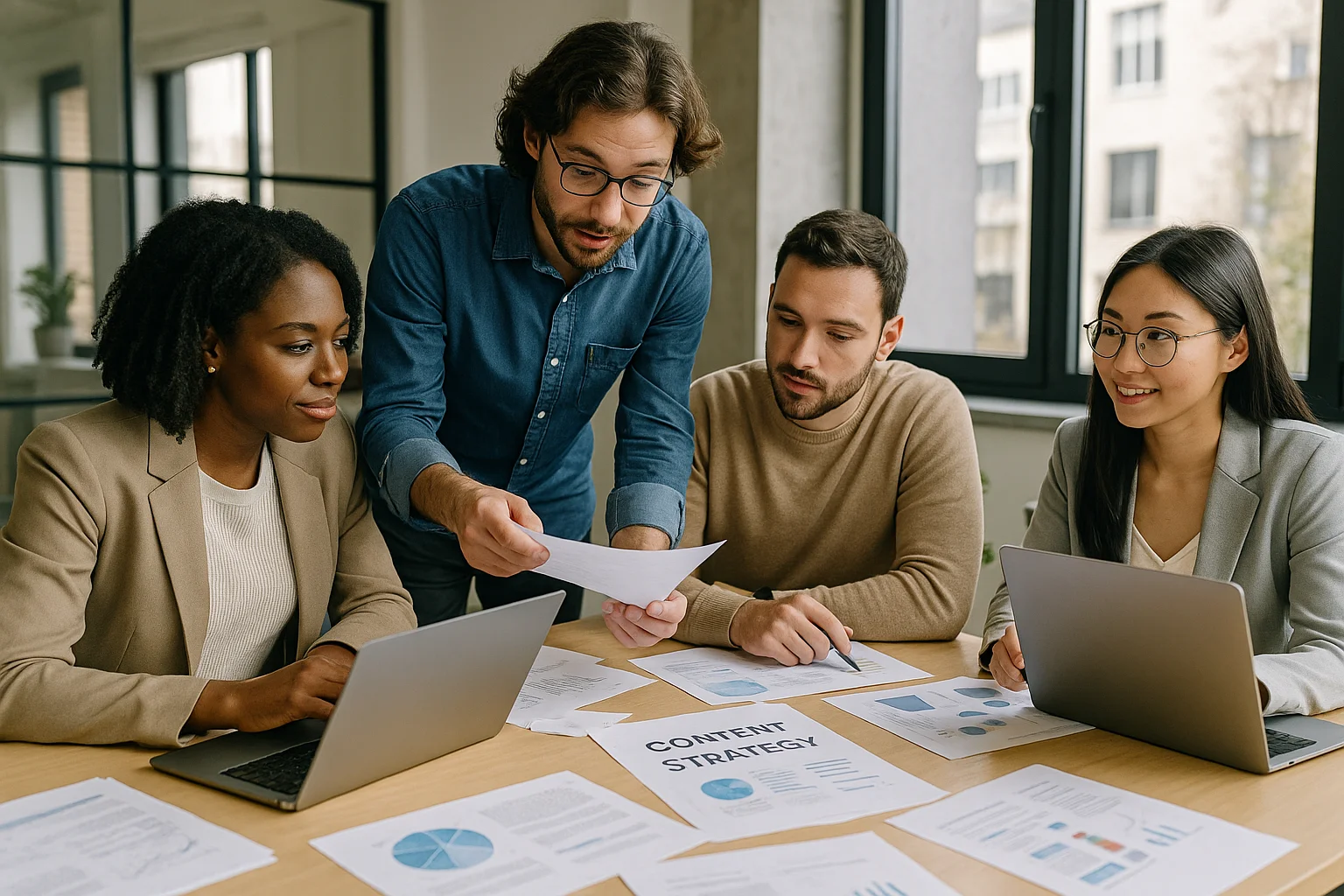 Professional team discussing content strategies in a modern office.