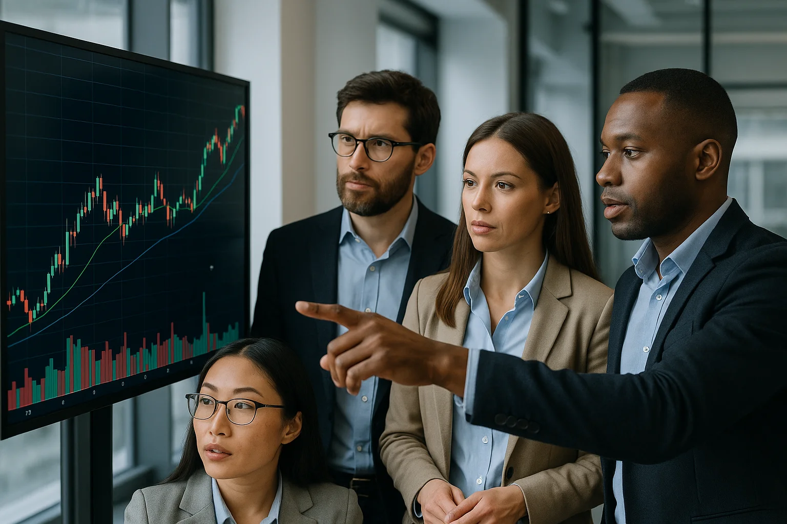 Professionals analyzing investment charts on a digital screen.