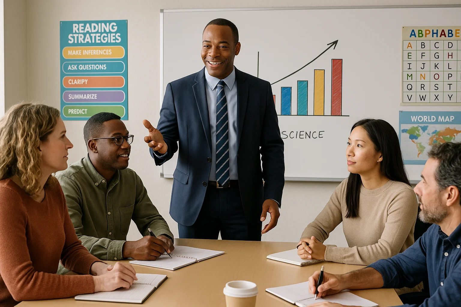 Inspiring School Principal Leading a Meeting