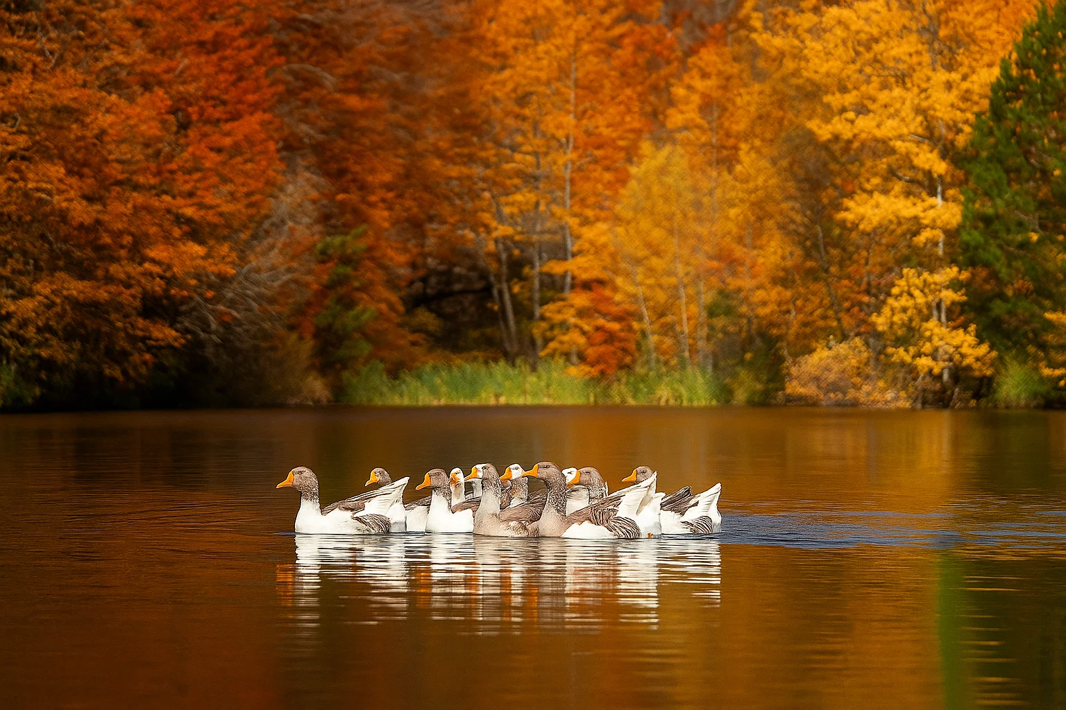 Flock of Geese Swimming on an Autumn Lake