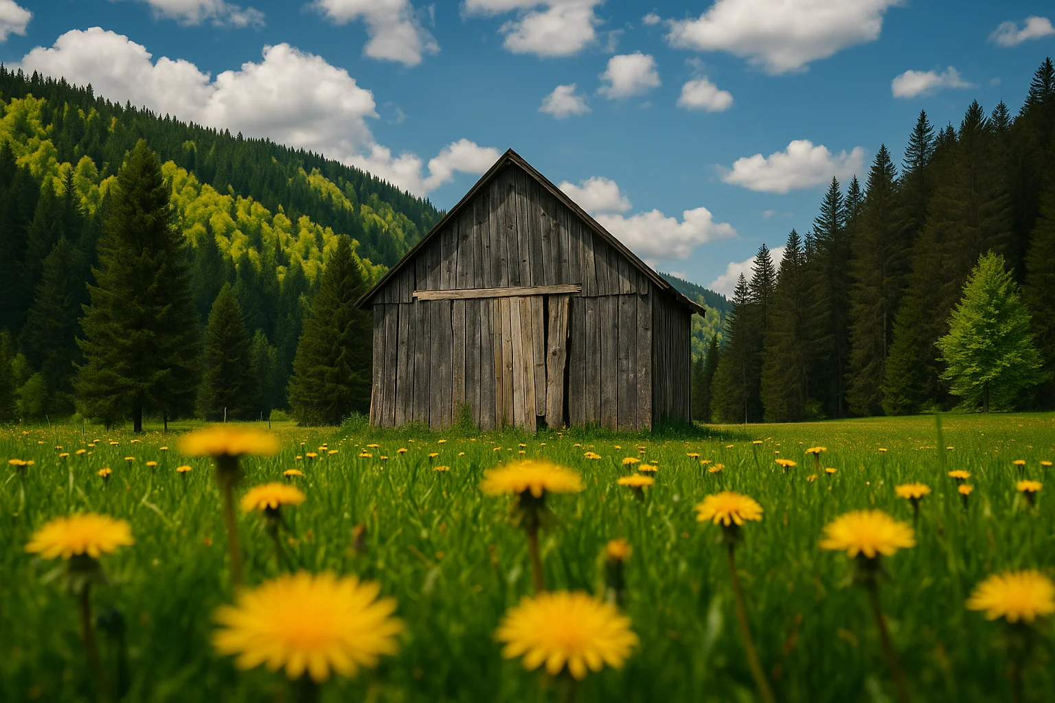 Wooden cabin standing in a meadow with yellow flowers and mountain view.