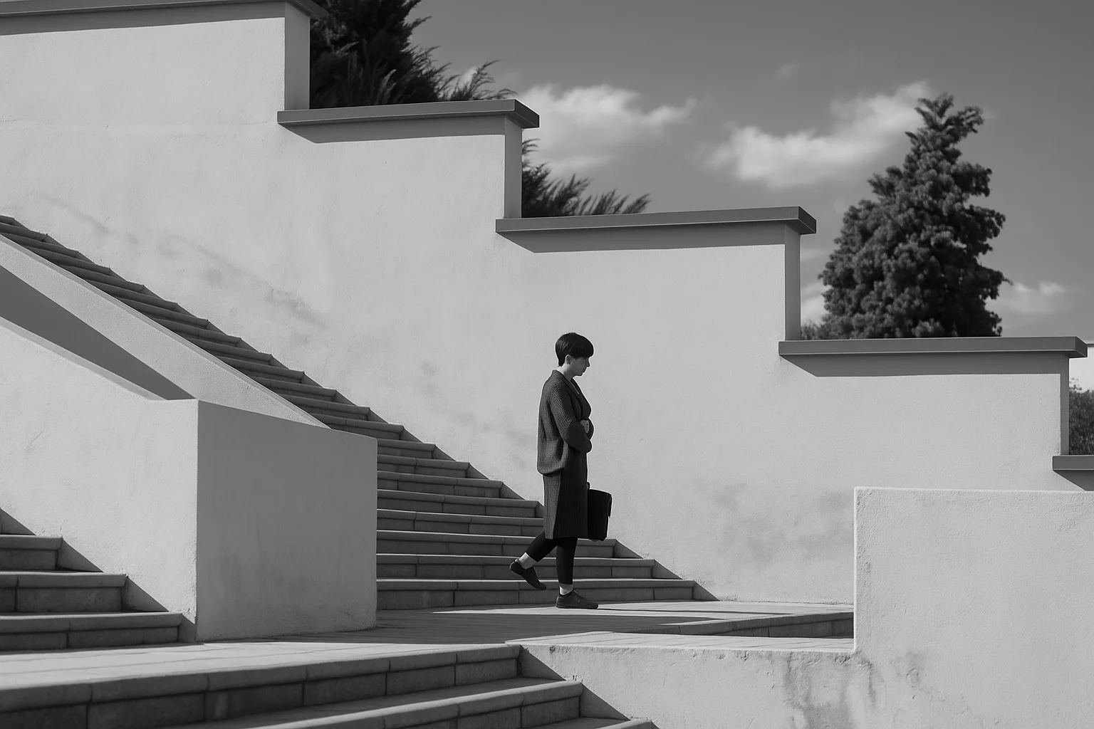 Black and White Architecture Photo: Person on Stairs