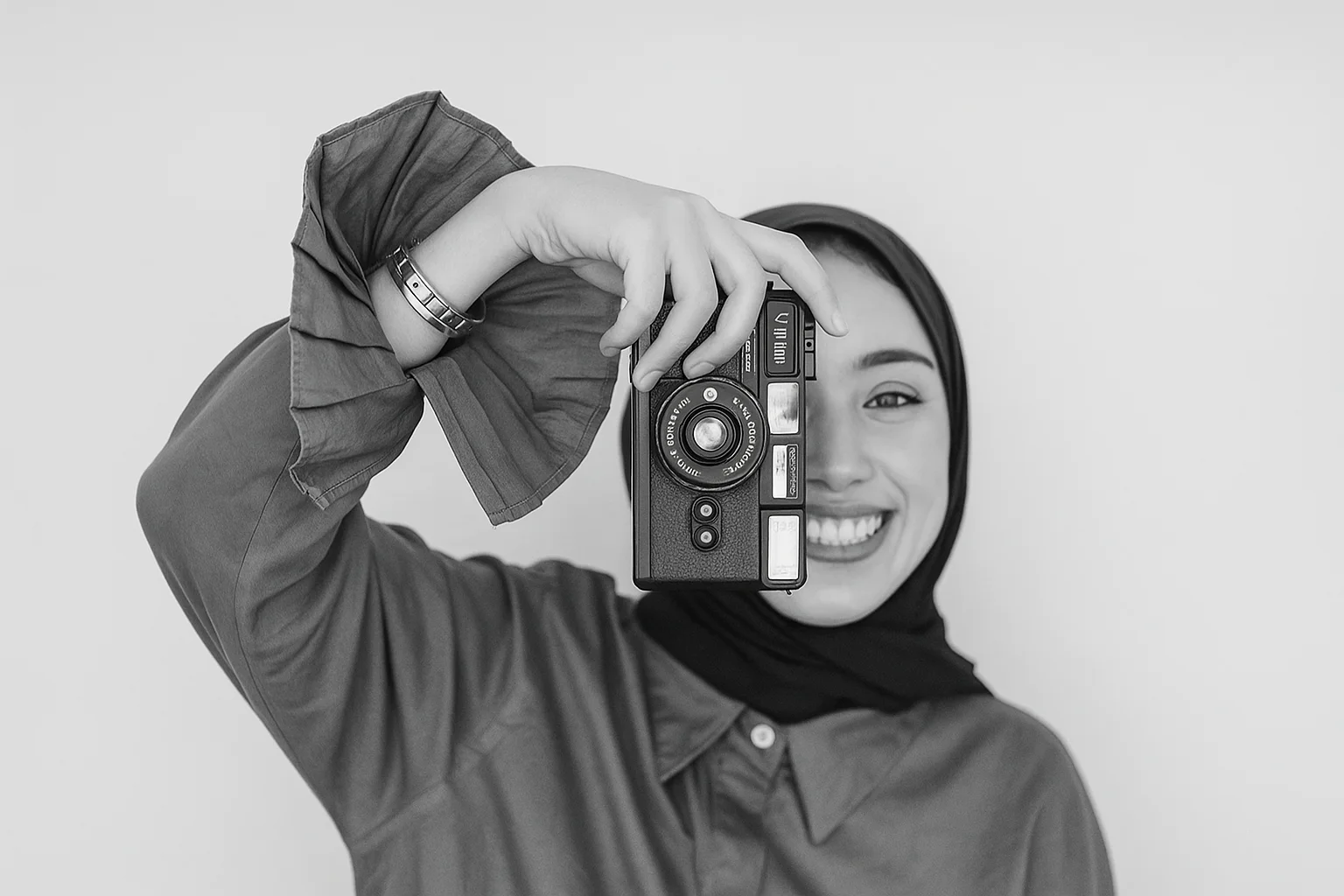 Smiling Woman with Vintage Camera