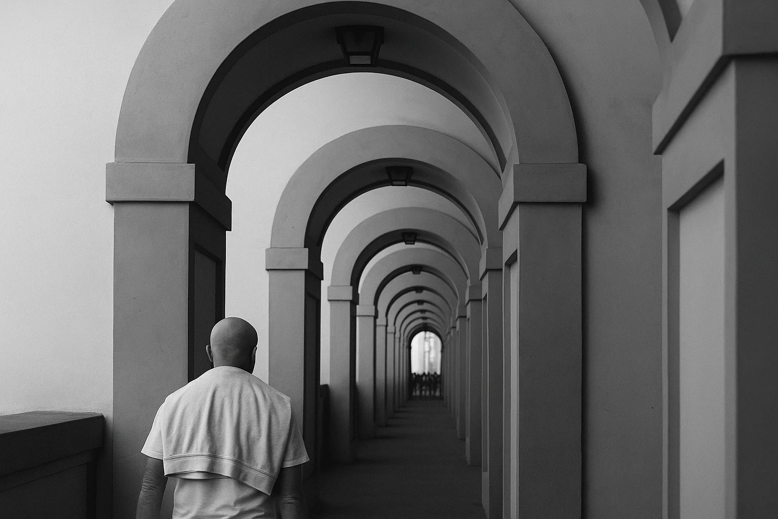 Man Walking Through Arched Passage