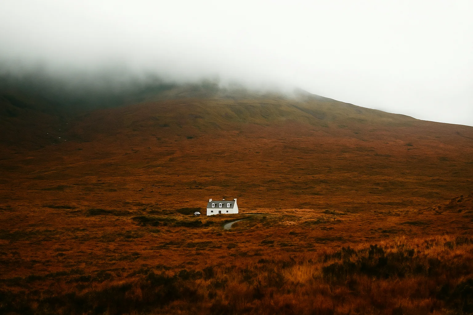 Lonely White House on a Misty Mountain Slope