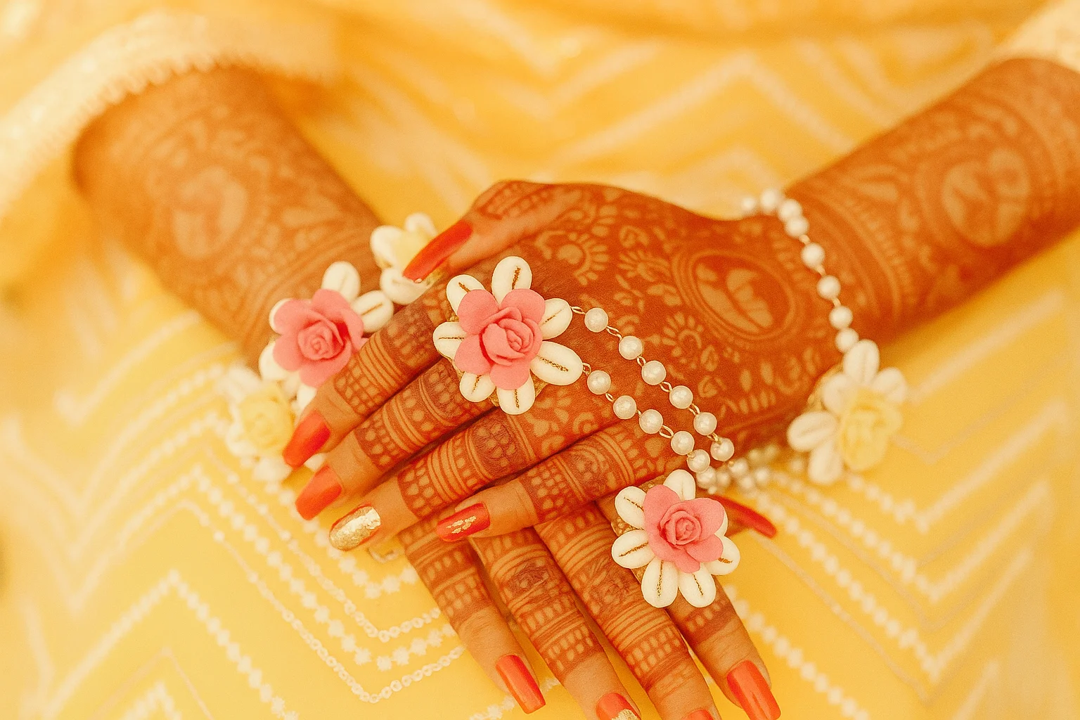 Mehndi Adorned Hands with Floral Jewelry