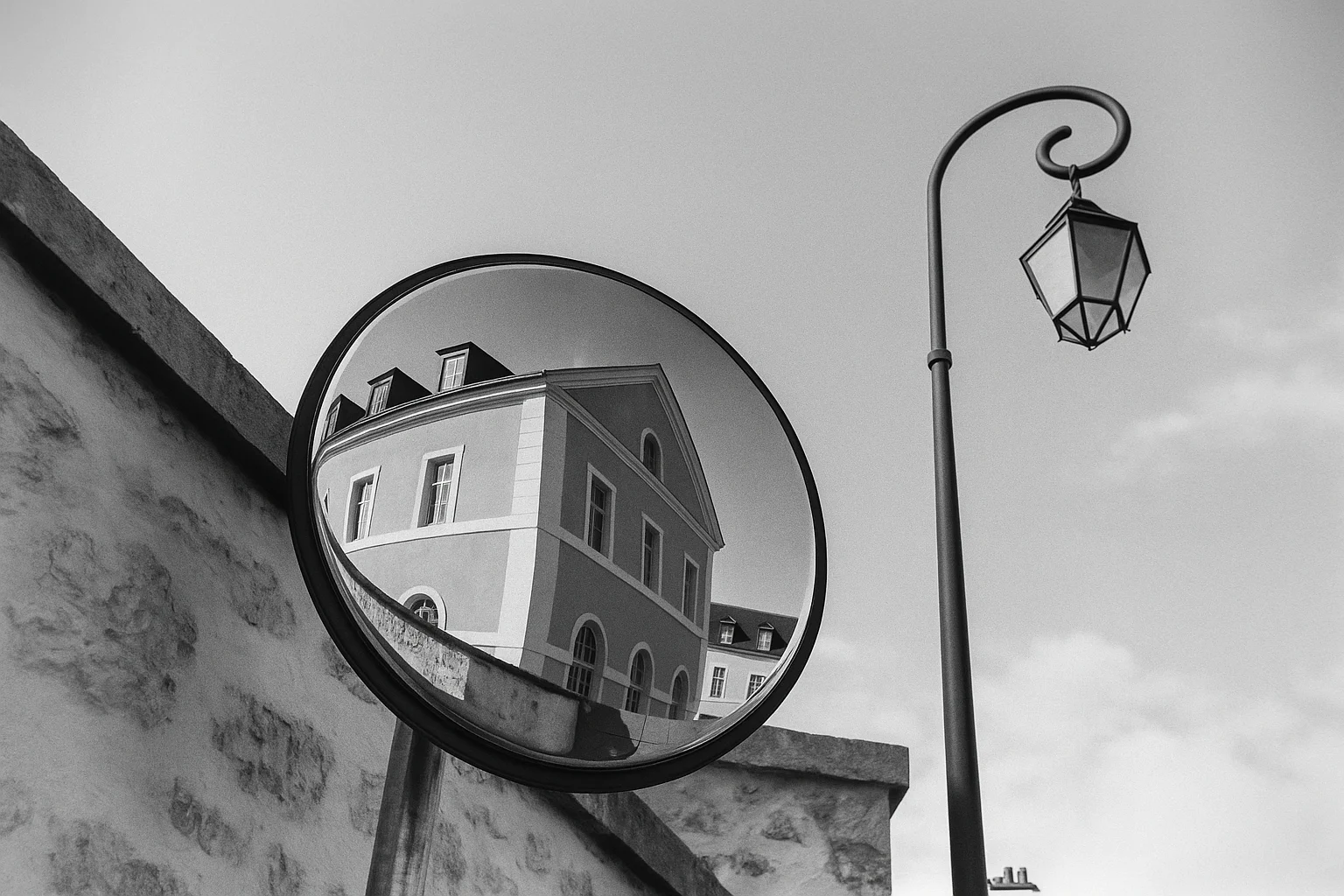 Classic Building Reflected in Mirror with Street Lamp