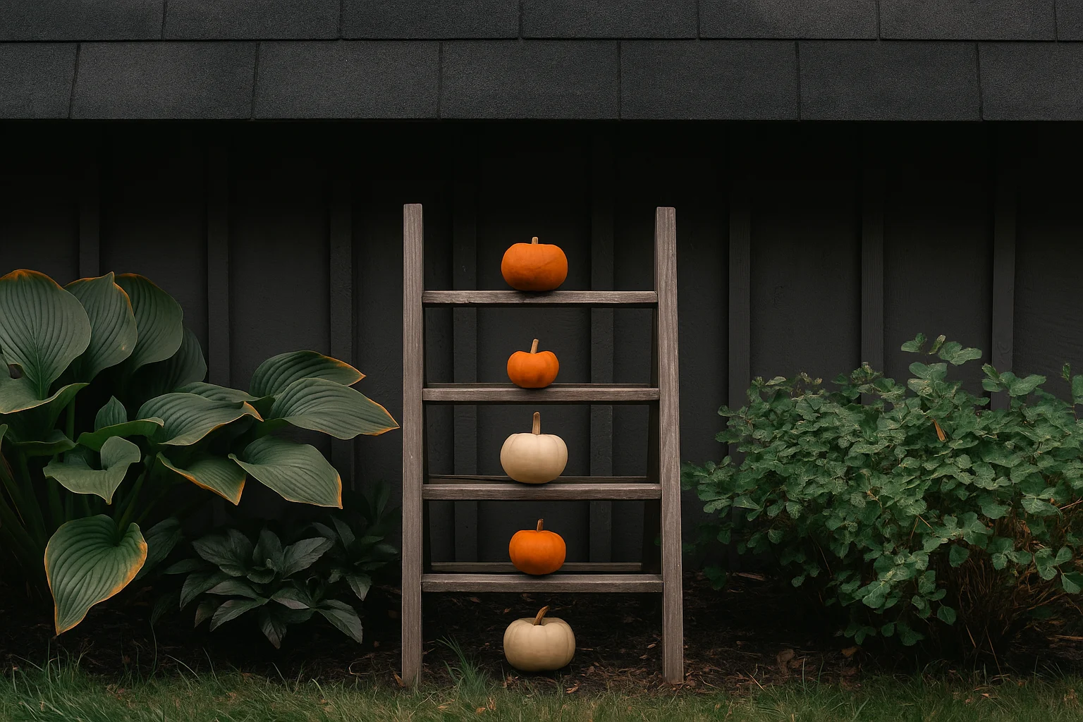Autumn Pumpkin Arrangement on Wooden Ladder