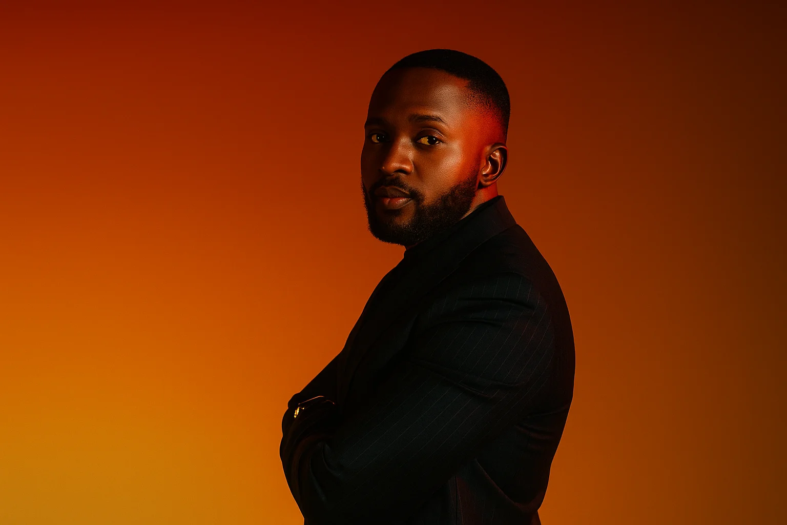 Man Portrait in Dark Suit with Orange Background