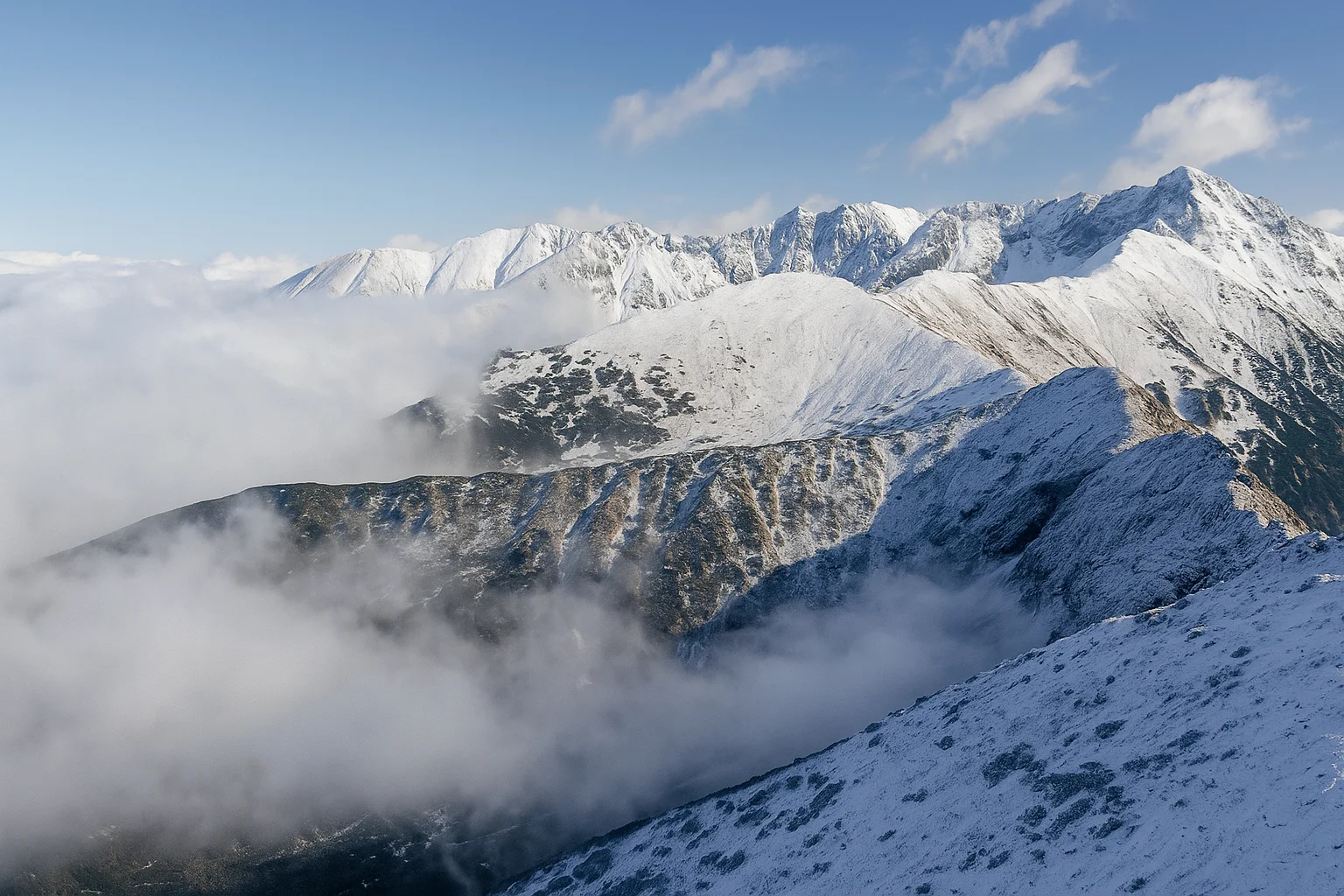Snow-Covered Mountains and Cloudy Peaks