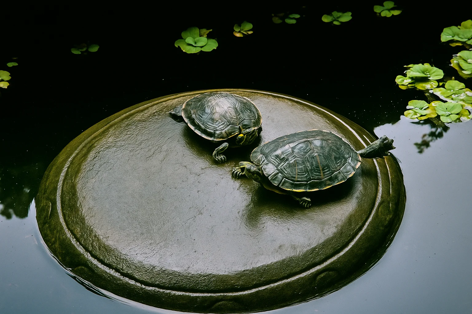Two Turtles Resting on a Stone in a Pond
