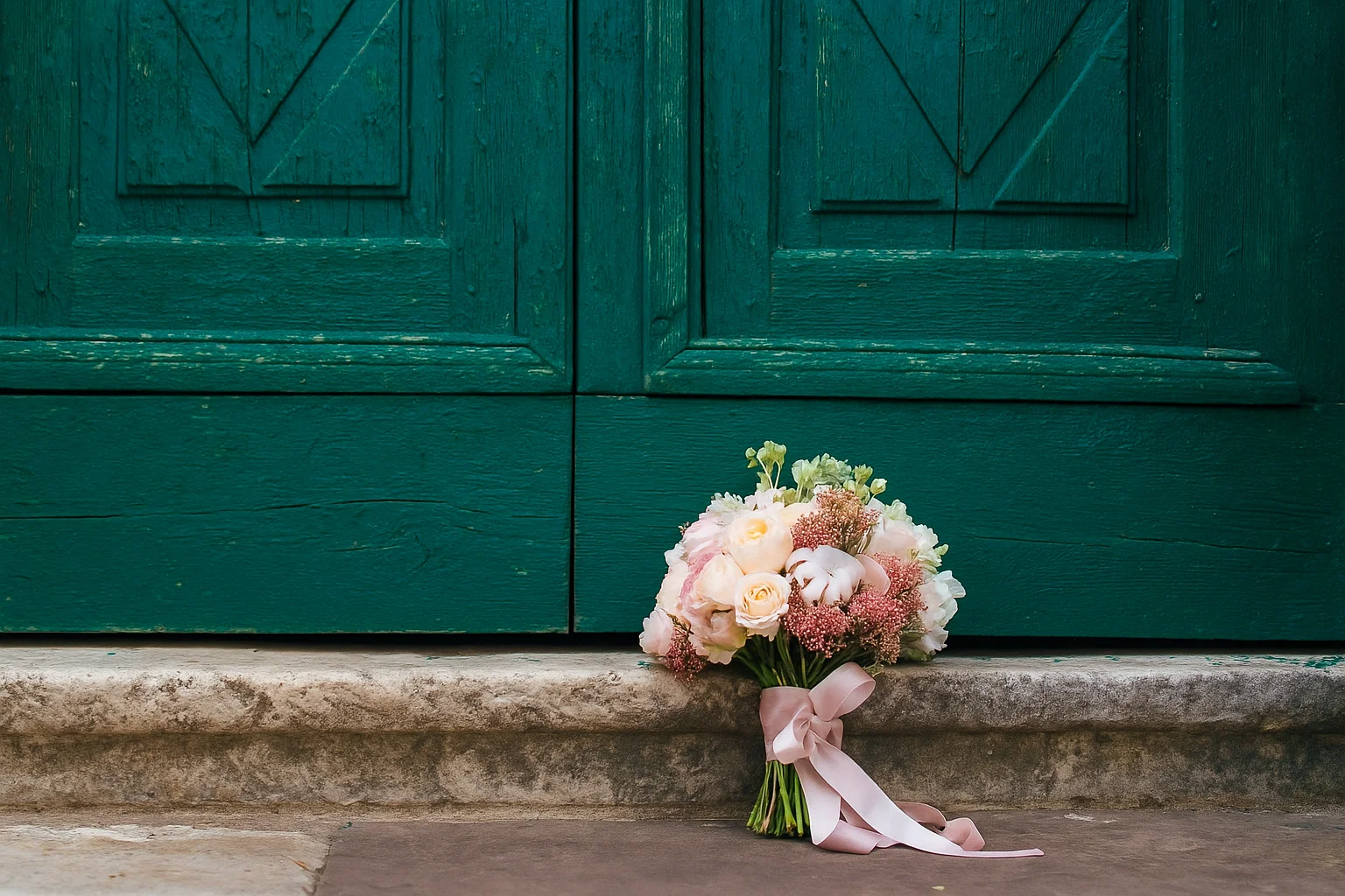 Flower Bouquet in Front of Green Door