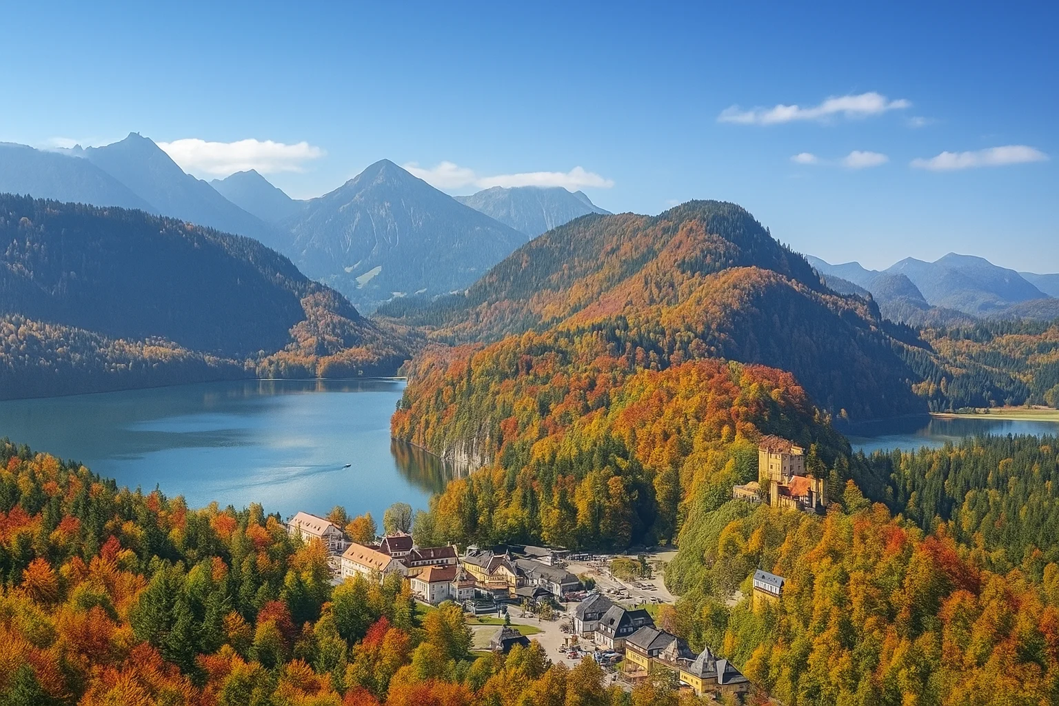 Autumn Village by the Lake and Mountains