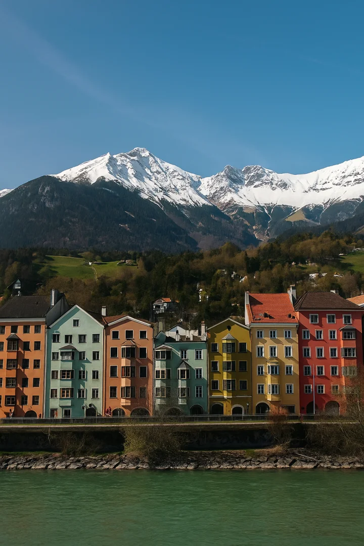 Colorful European Houses with Snowy Mountain View