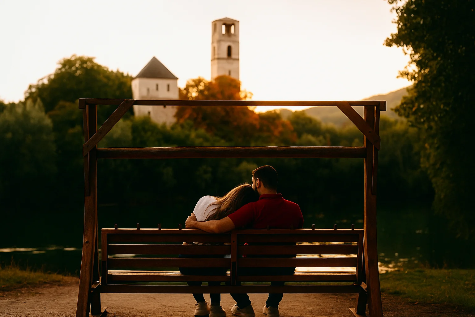 Romantic Couple by the Lake at Sunset