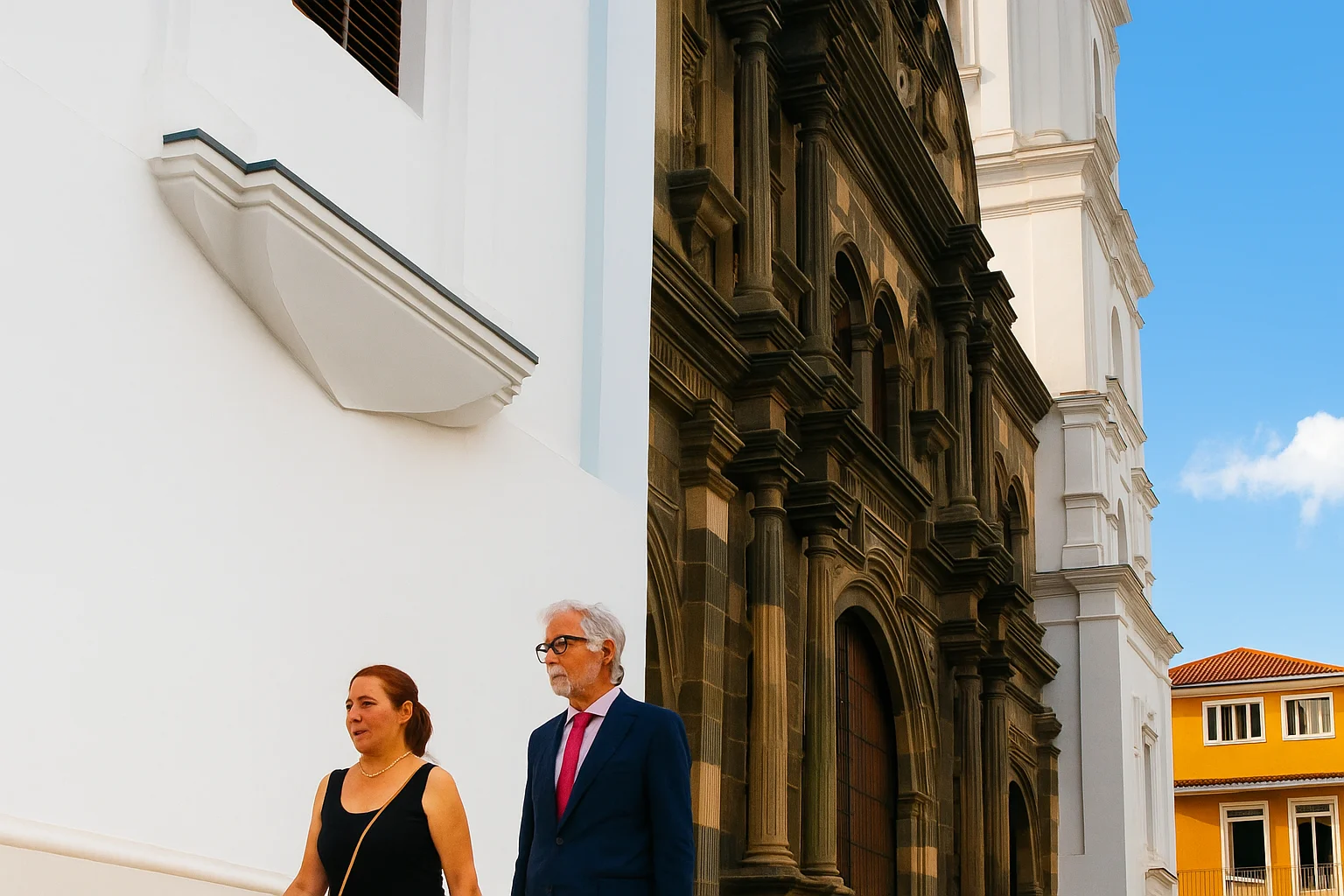 Couple Walking in Front of a Historic European Building