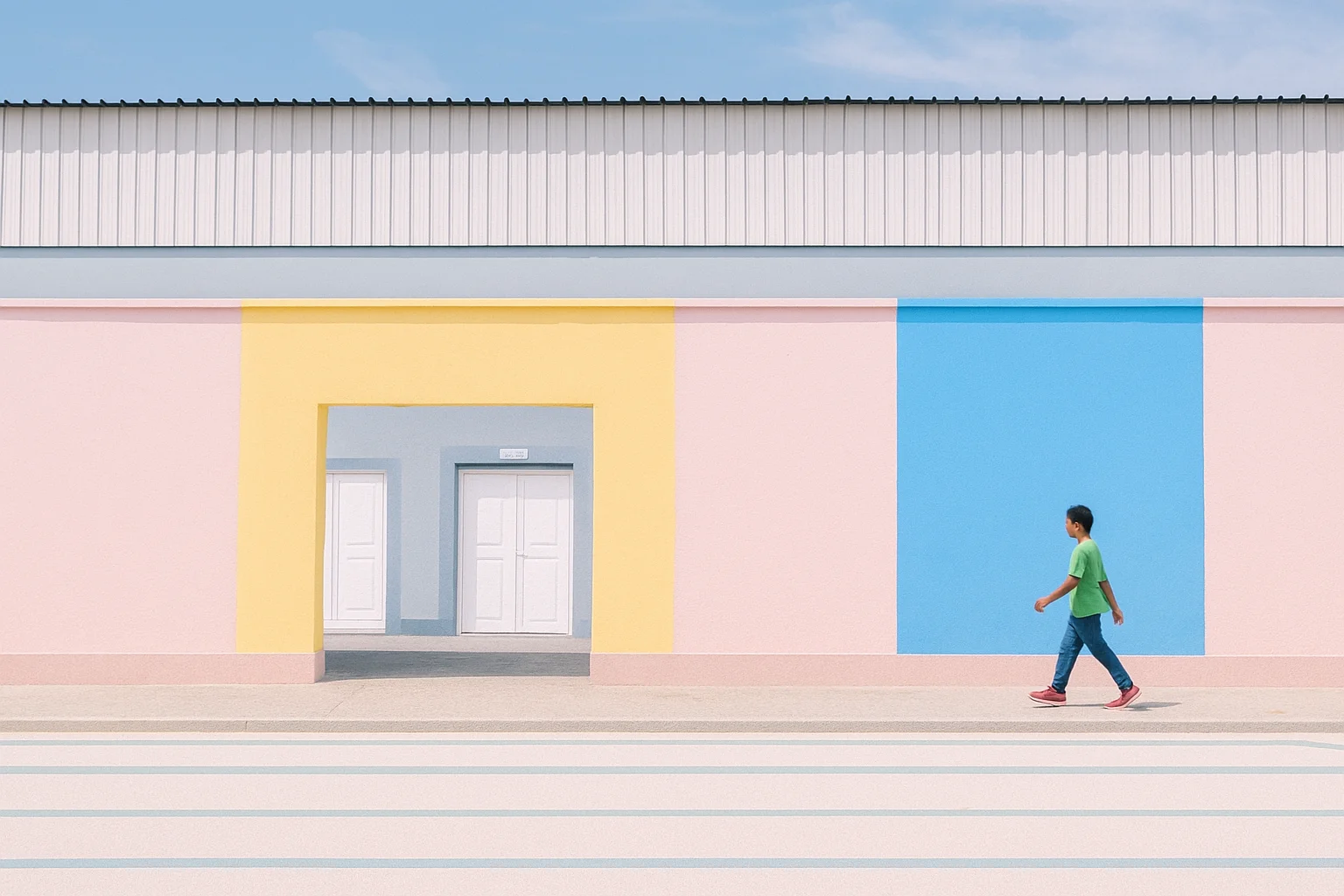 Child Walking in Front of Colorful Walls – Modern Architecture and Minimalism