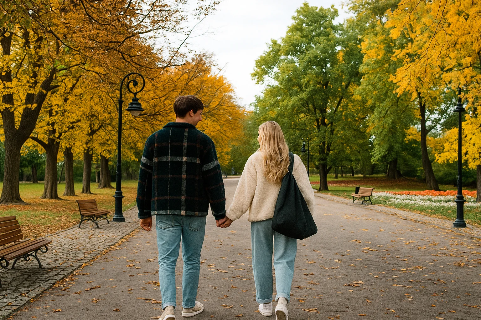 Couple Walking Hand in Hand in Autumn Park – A Moment of Love and Peace