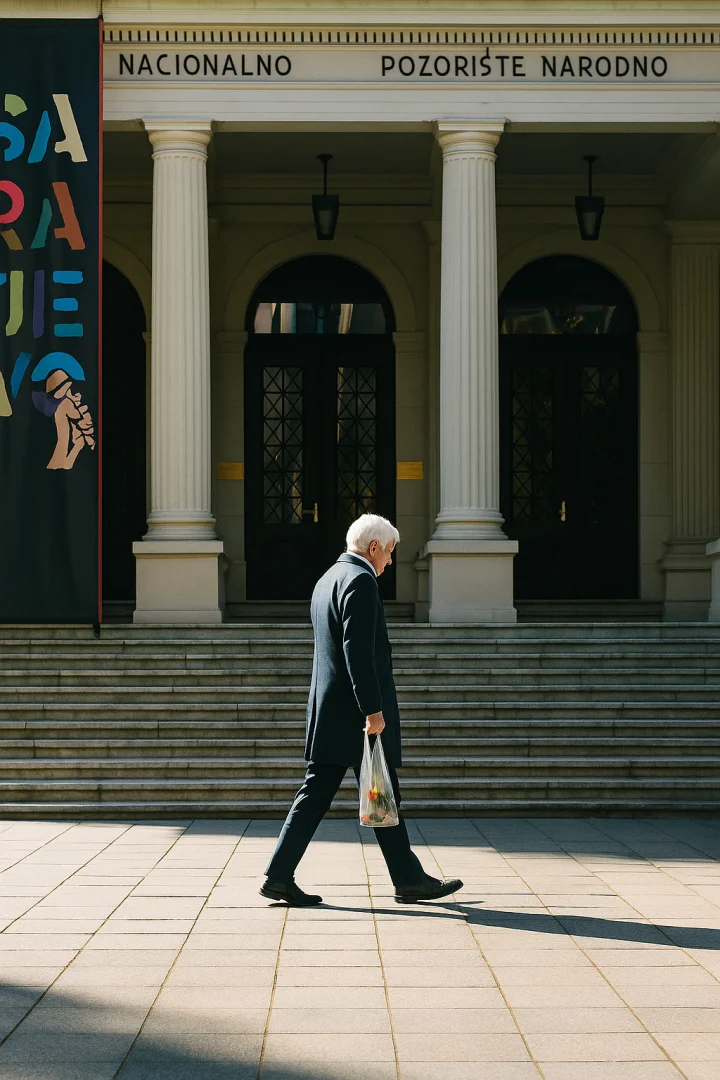 Elderly Man Walking in Sarajevo Streets – The Dance of Light and Shadow