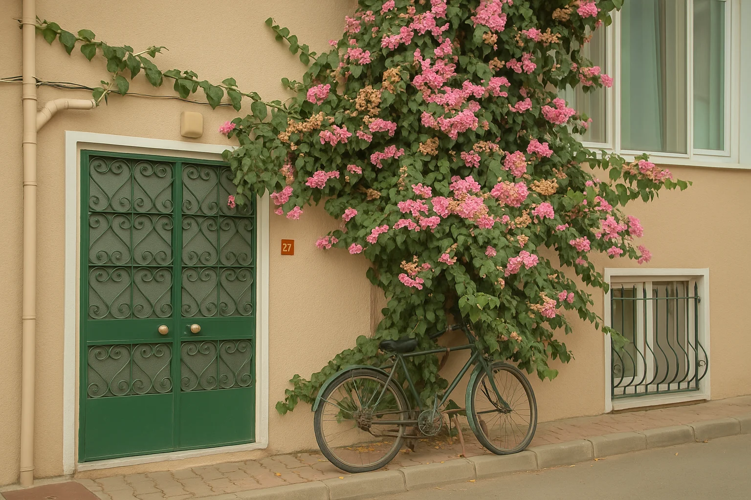 Vintage bicycle parked in front of an old green-doored house covered in pink vines.