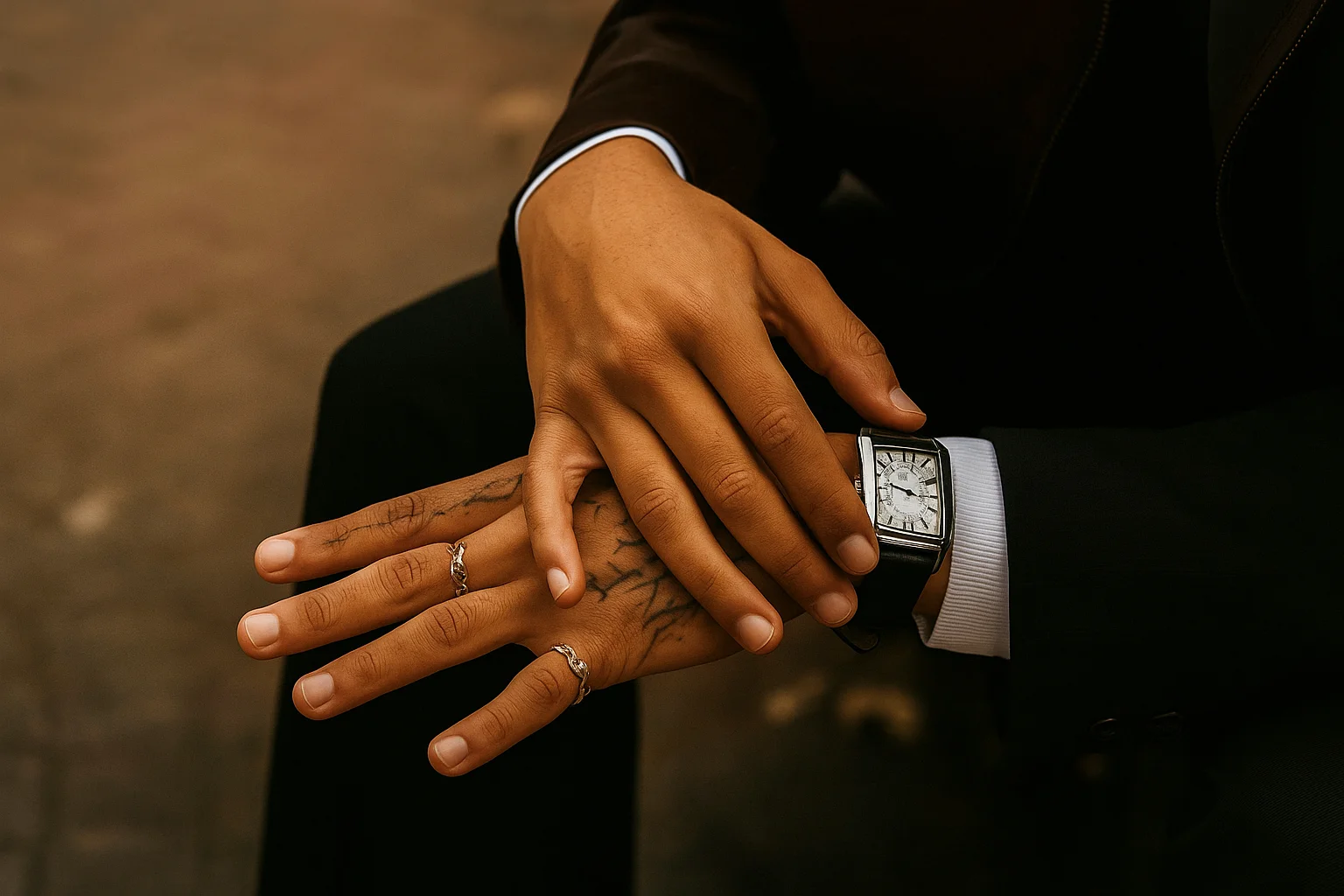 Elegant Male Hand with Stylish Watch and Rings