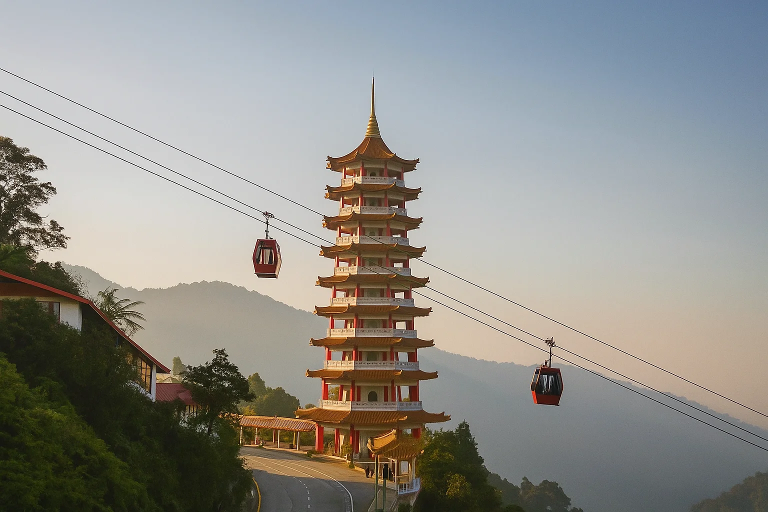 Enchanting Morning Scene with Pagoda and Cable Cars in the Mountains