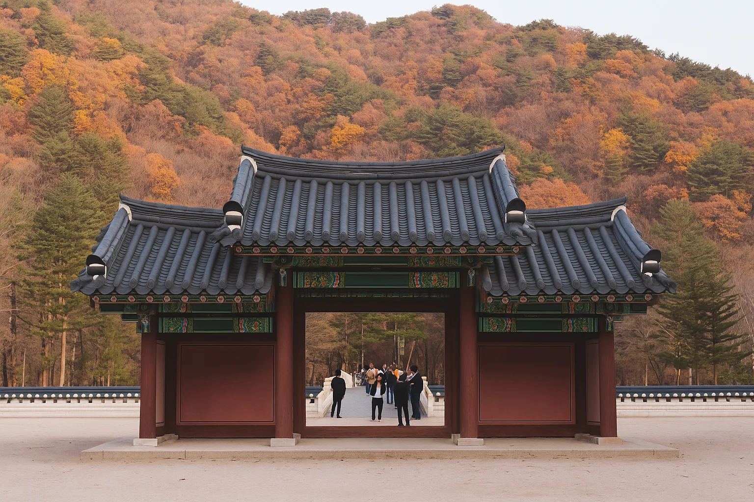 Traditional Korean Temple Gate with Autumn Mountain Scenery