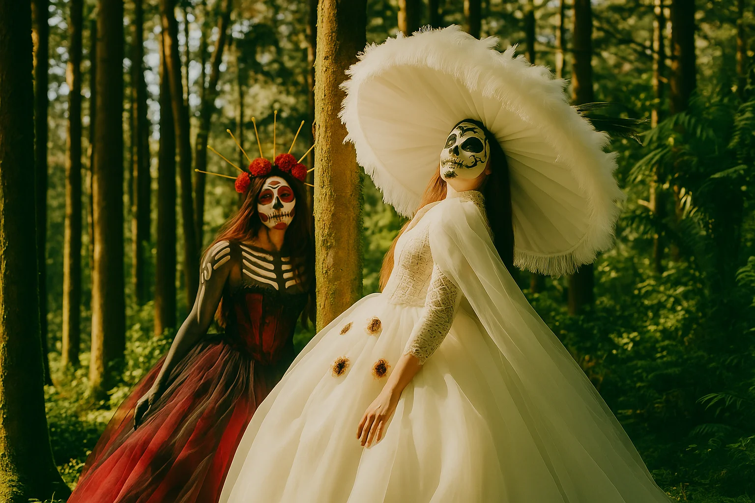 Two Women in Day of the Dead Costumes in the Forest