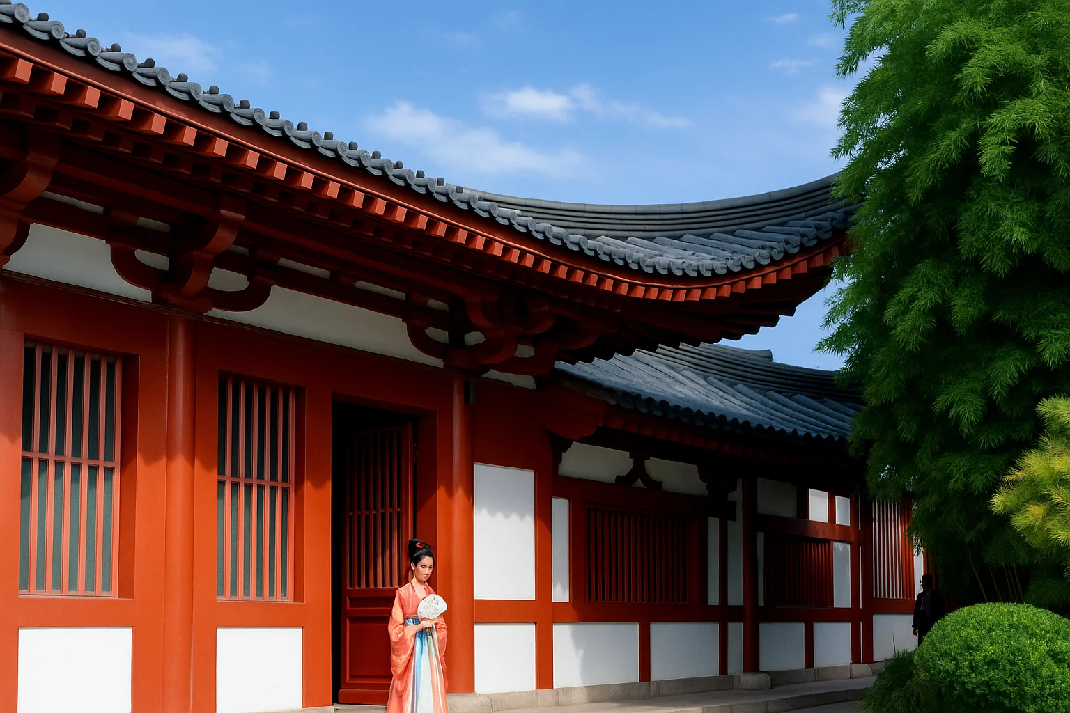 Woman in Red Hanfu in Front of Traditional Temple