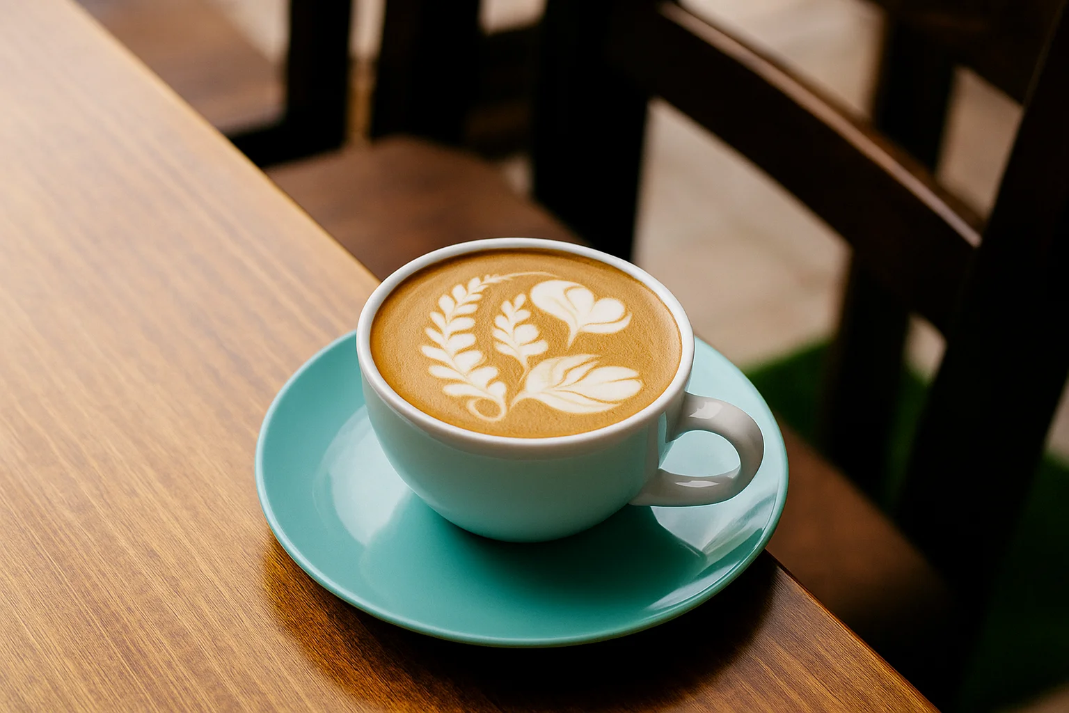 Latte with Leaf Art on a Blue Saucer