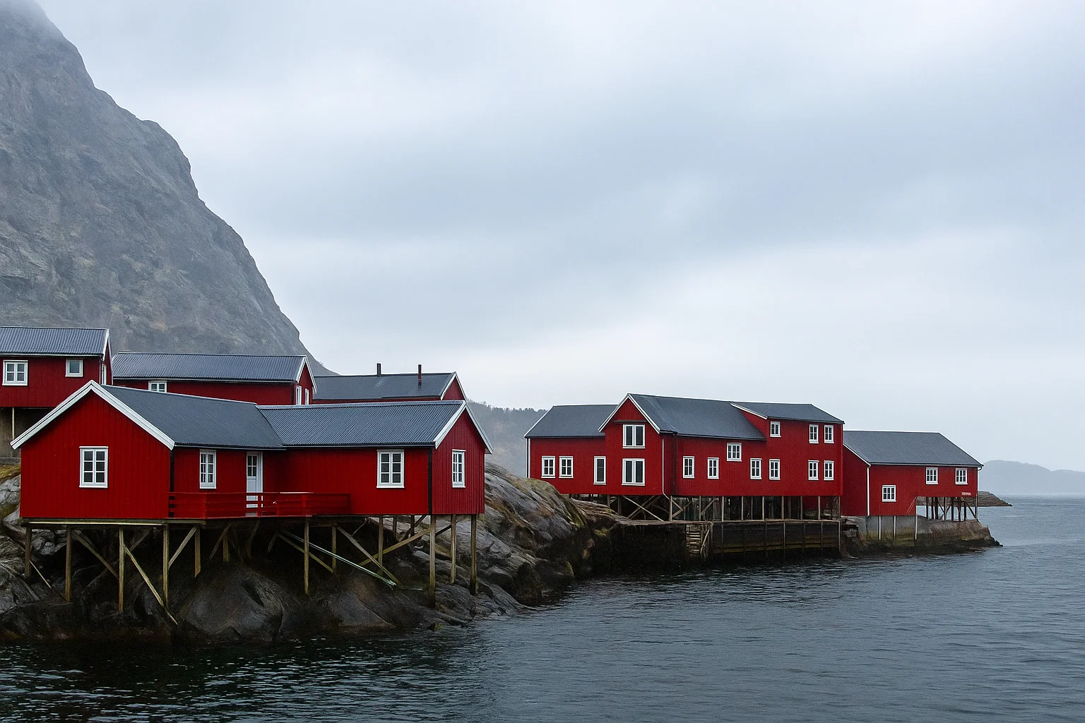 Red Houses by the Norwegian Coast with Calm Sea View