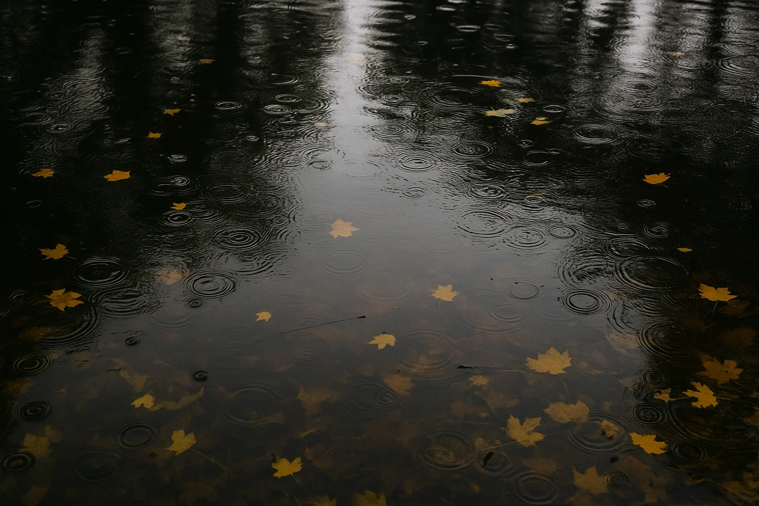 Calm Pond with Rain Drops and Autumn Leaves