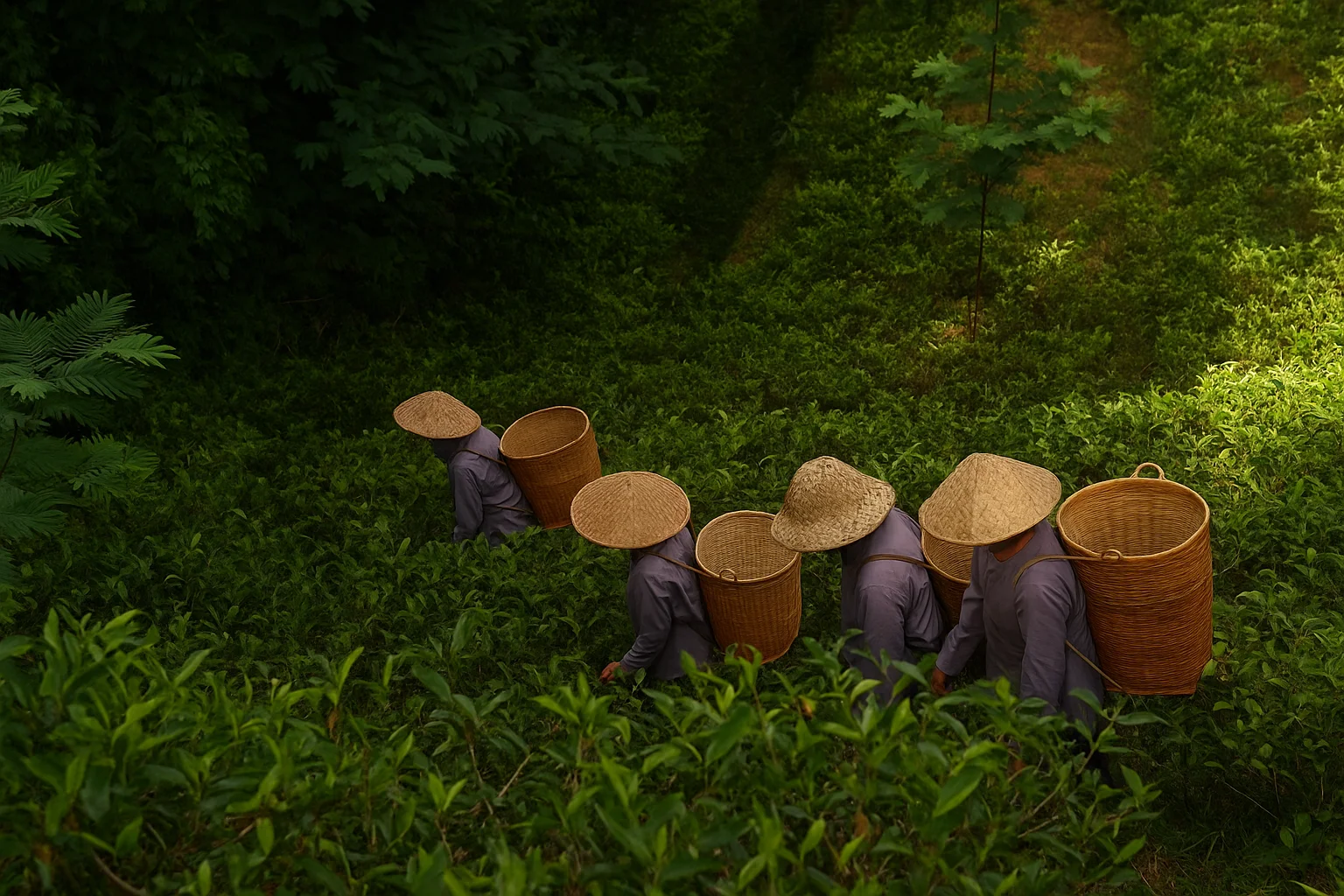 Tea Pickers Working in a Green Tea Field