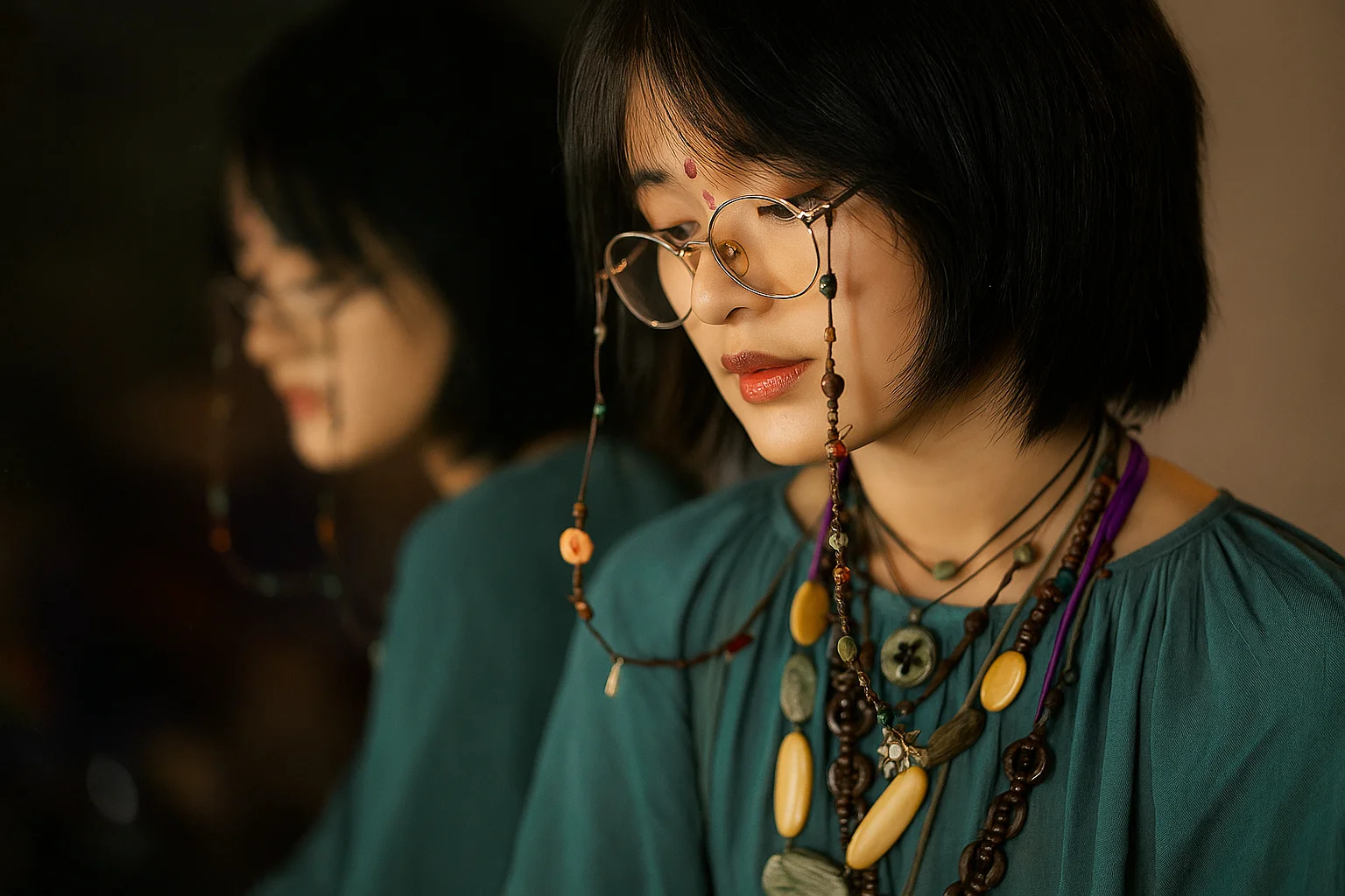Thoughtful Woman Portrait in the Mirror