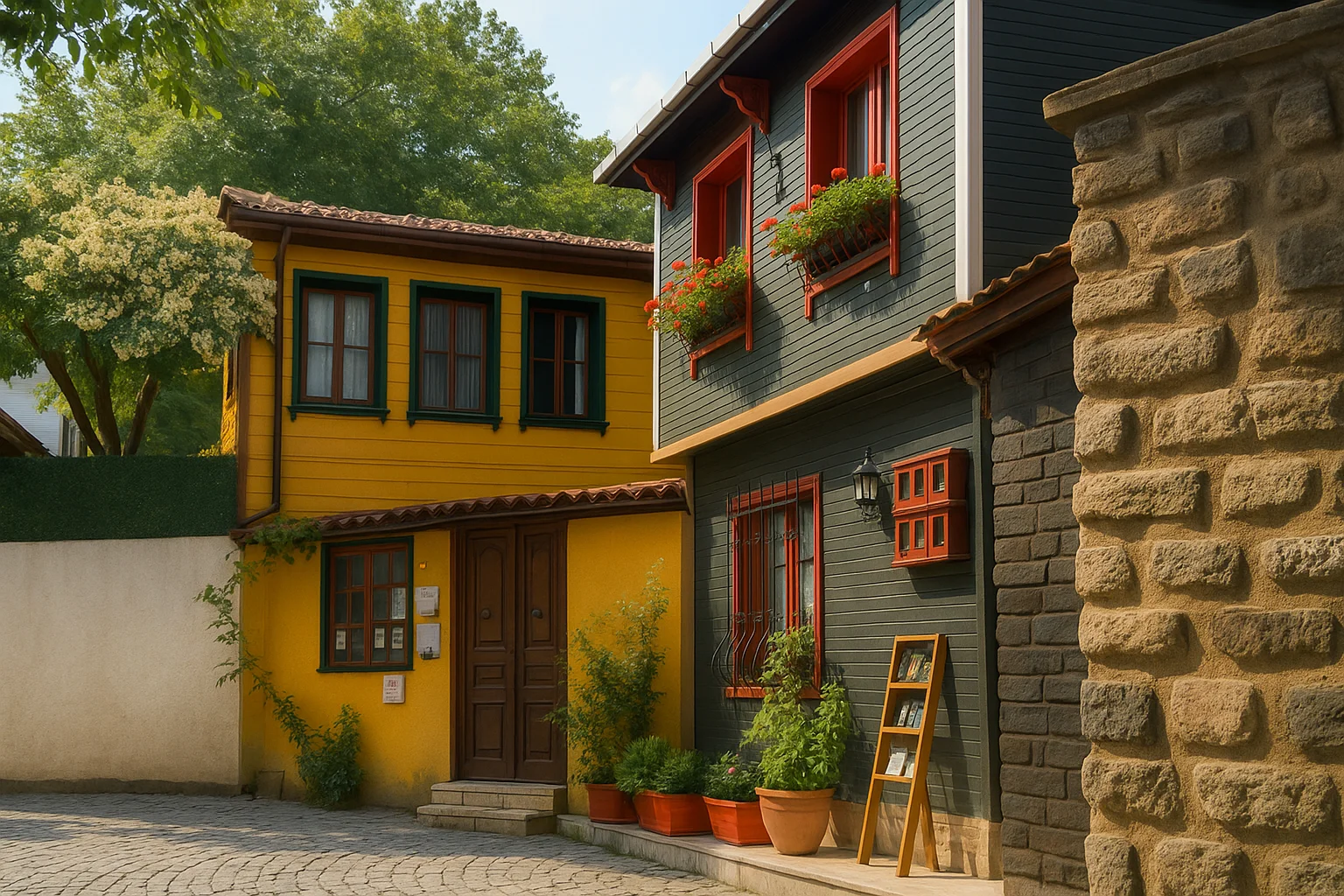 Cobblestone Street with Colorful Historic Houses