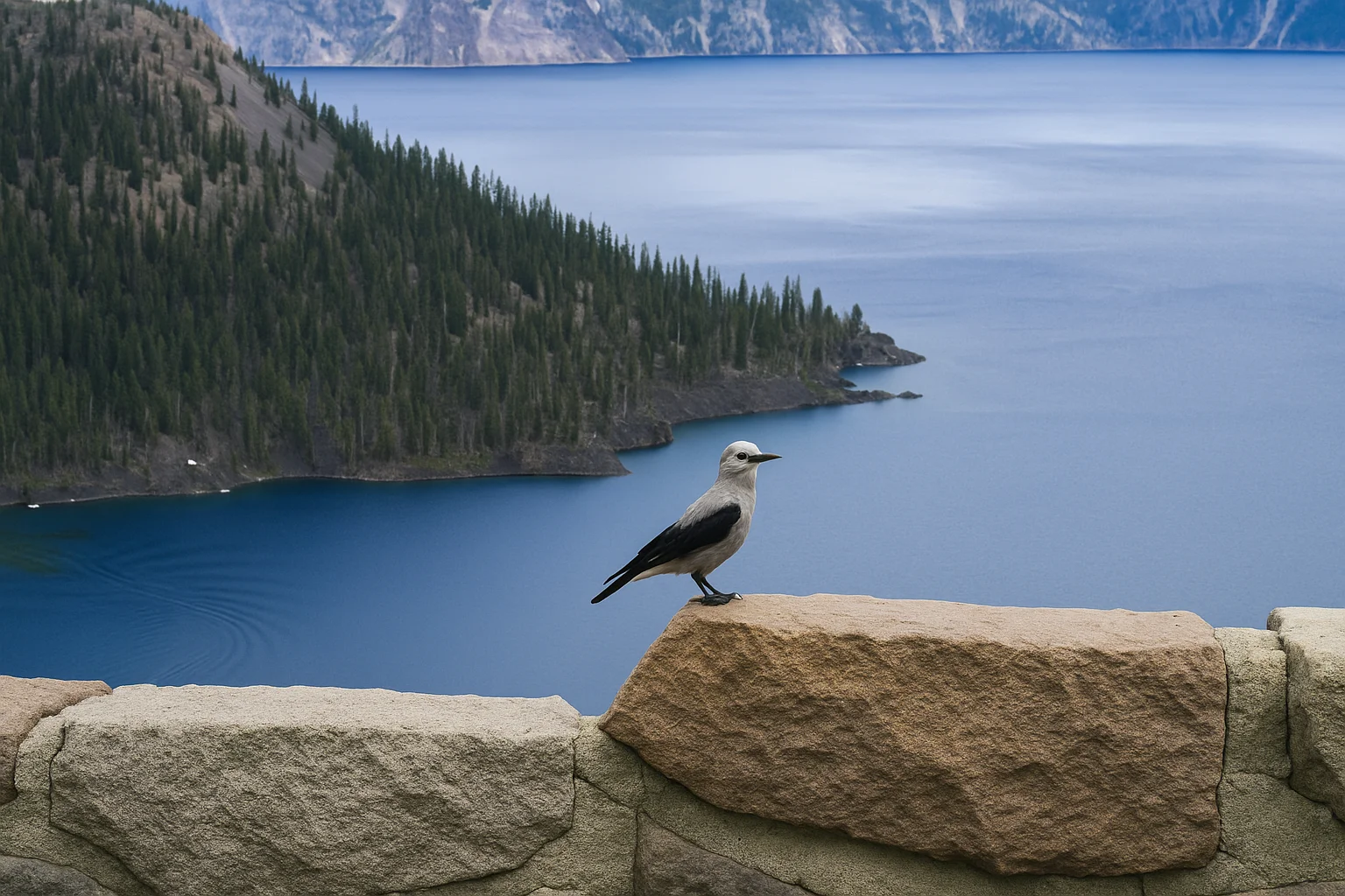 Bird on a Rock Overlooking a Blue Lake