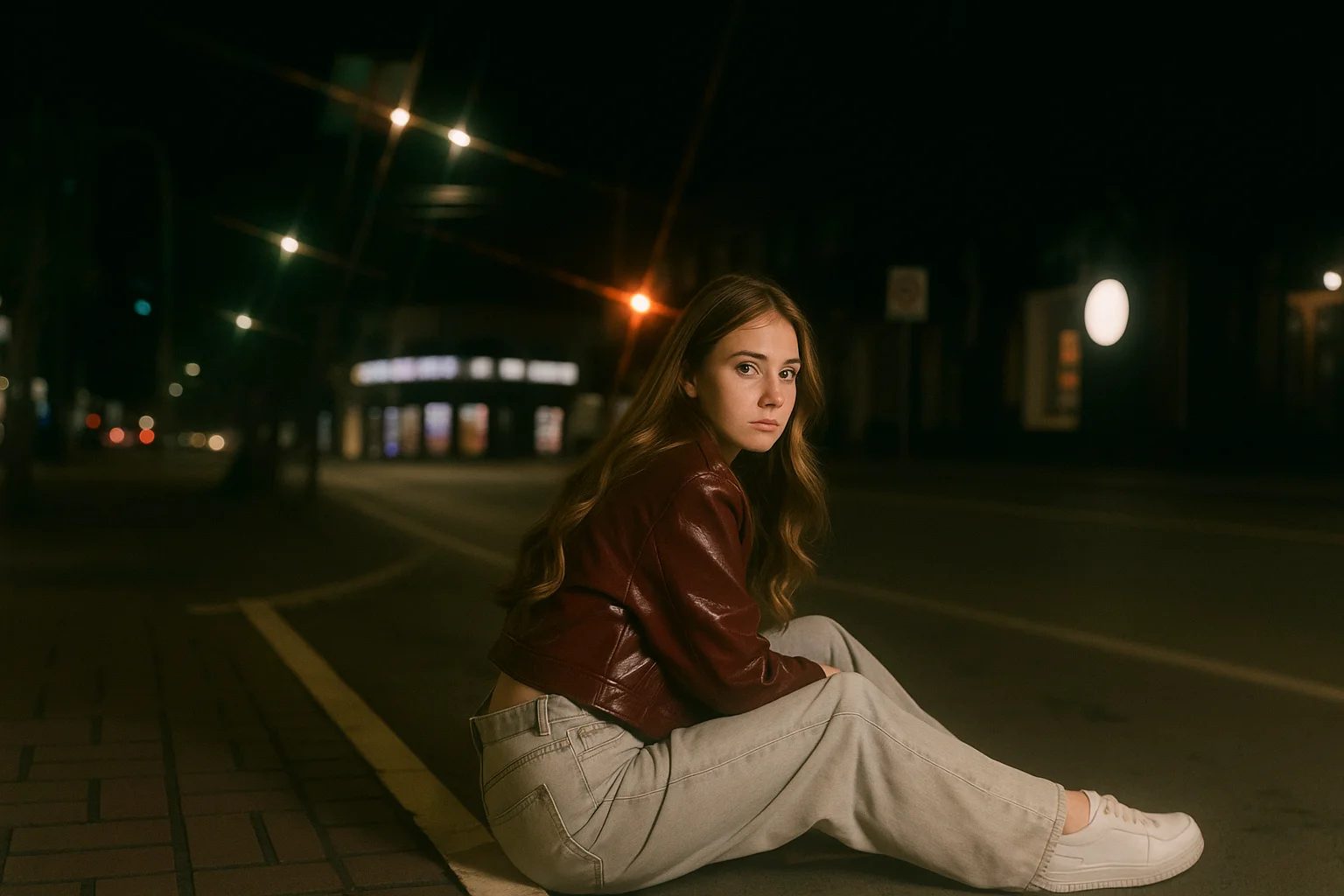 Young Woman Sitting on the Street at Night