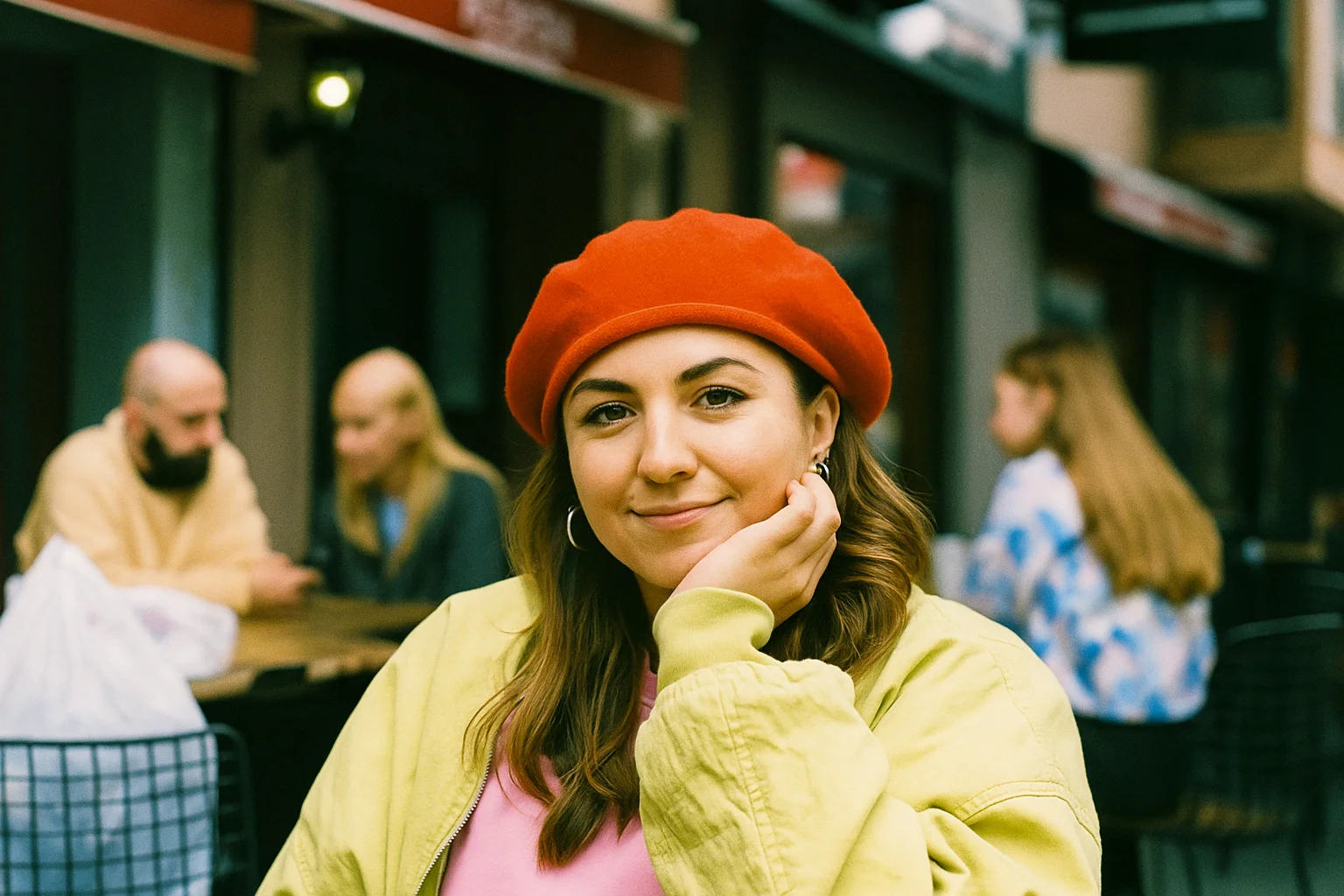 Woman with Red Beret Sitting at a Café