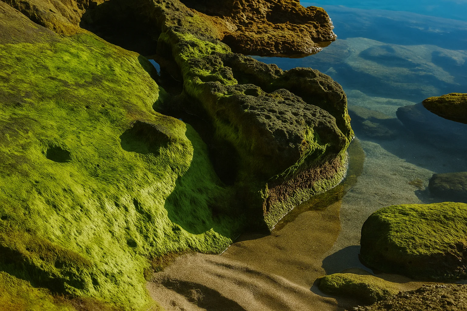 Mossy Rocks and Calm Water Surface