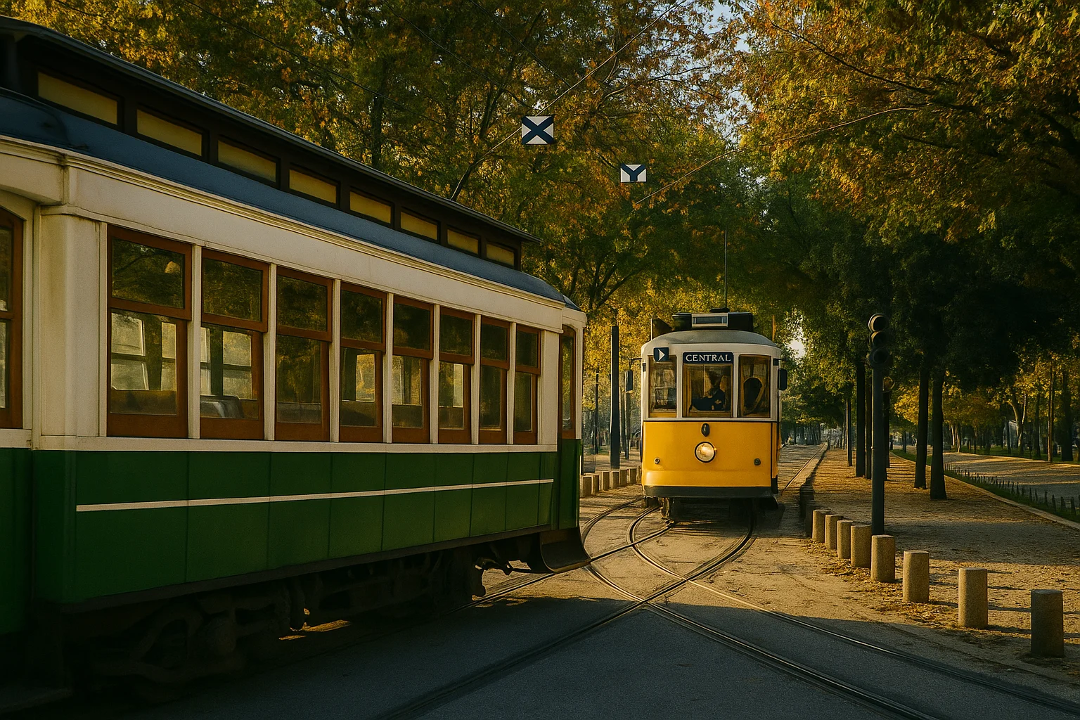 Two Trams in the Heart of Autumn City