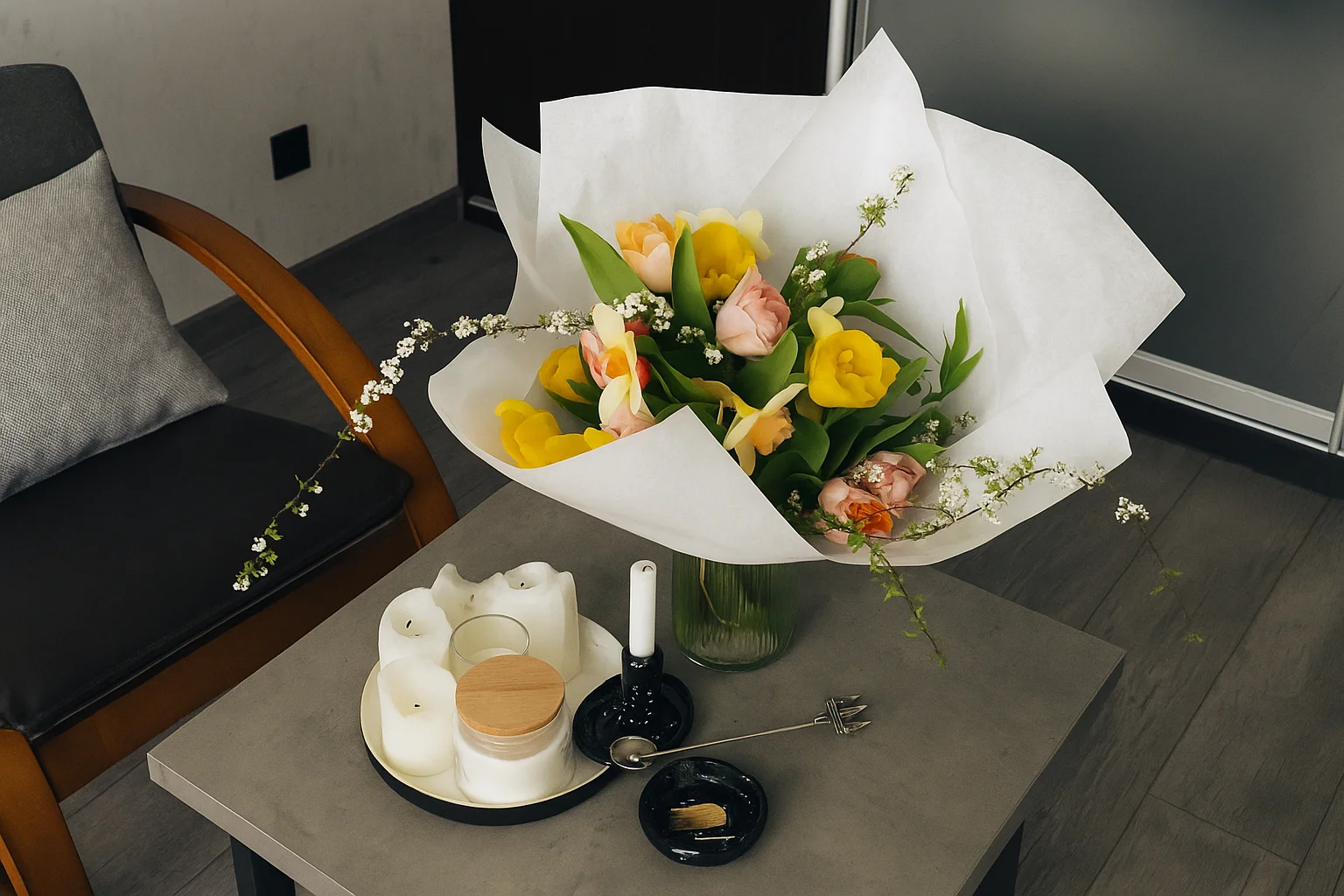 Colorful Flower Bouquet and Candles on the Table