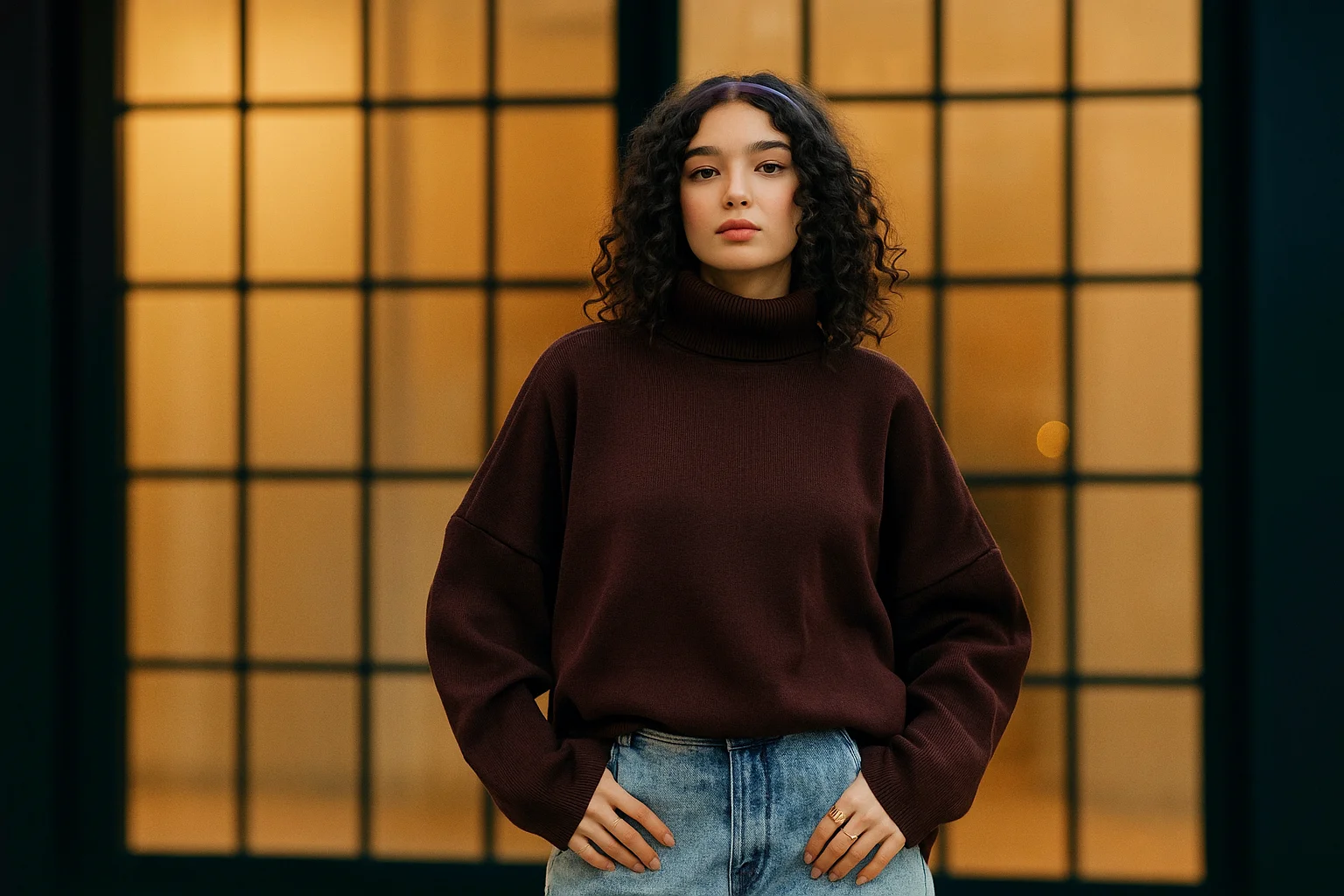 Young Woman with Curly Hair in a Brown Sweater
